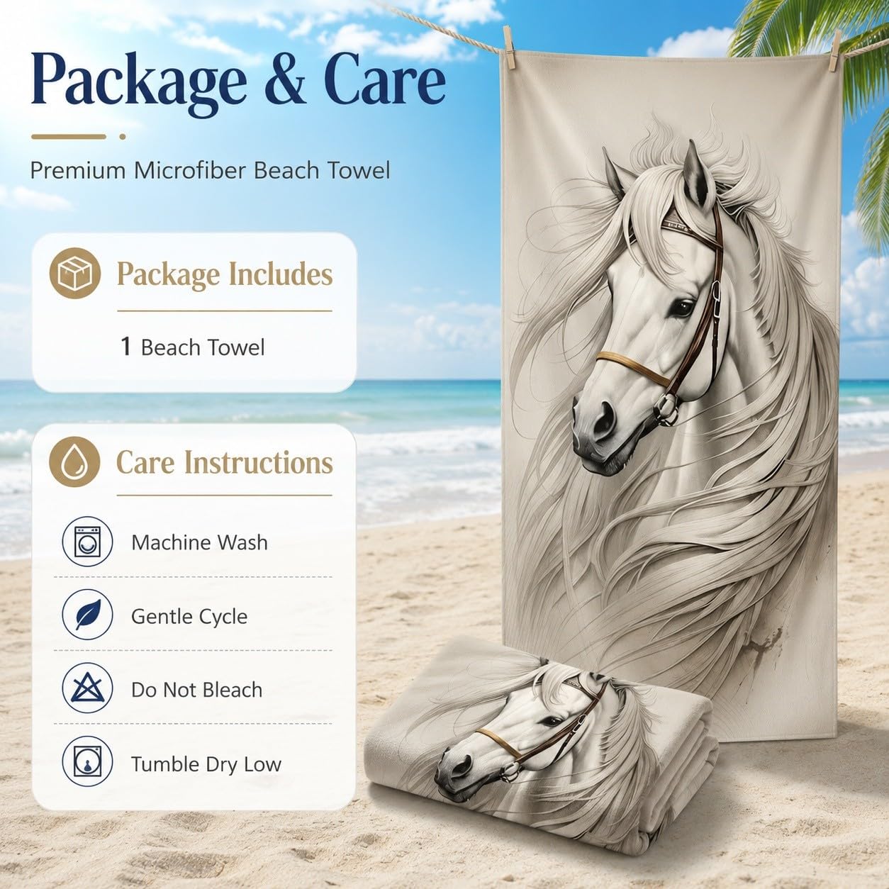 Serviette de Plage Cheval Blanc Microfibre Rapide 200x200 cm