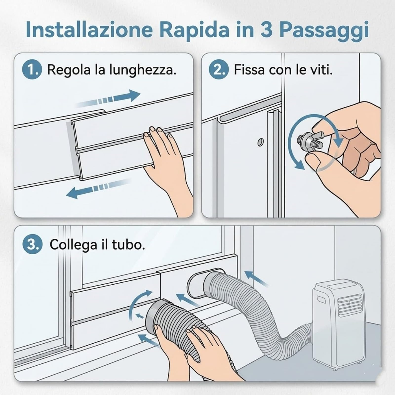 Kit Finestra Condizionatore Portatile Universale, 4 Pannelli (10x43 cm) Regolabile Fino a 140 cm, Adattatore per Finestre e Porte Scorrevoli, Guarnizione Sigillante Senza Fori per Isolamento Termico