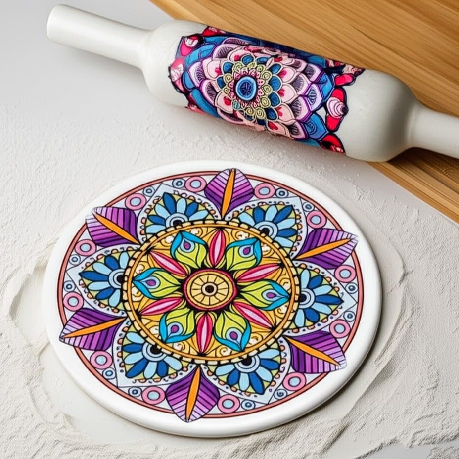 Image of Traditional Marble Chakla Belan Set - 25.4 cm Chakla / 30.5 cm Belan | Purple Mandala Pattern | Roti Rolling Board and Rolling Pin | Classic Indian Kitchen Tool