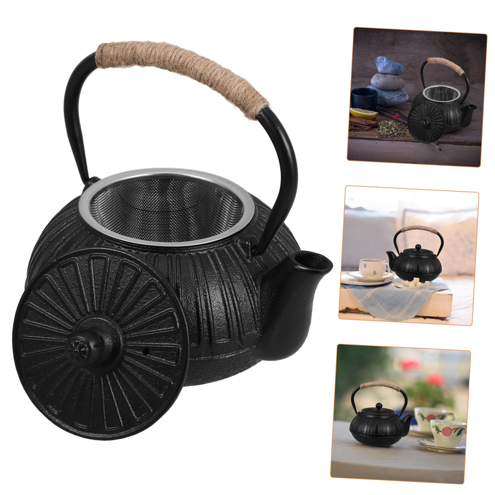 Cabilock tetera de hierro fundido pava inducción retro largo té y con teteras cafetera de camping tetera para acampar tetera china tetera de estufa tetera japonesa planchar Negro