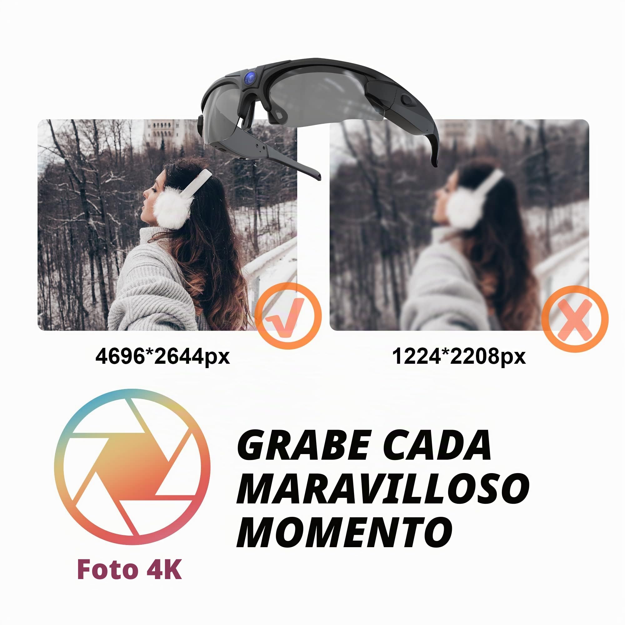 Gafas de sol con cámara WiFi, gafas de captura de video HD 4K con protección UV400, lentes polarizadas para deportes al aire libre, compatible con iOS y Android, tarjeta TF de hasta 256 GB