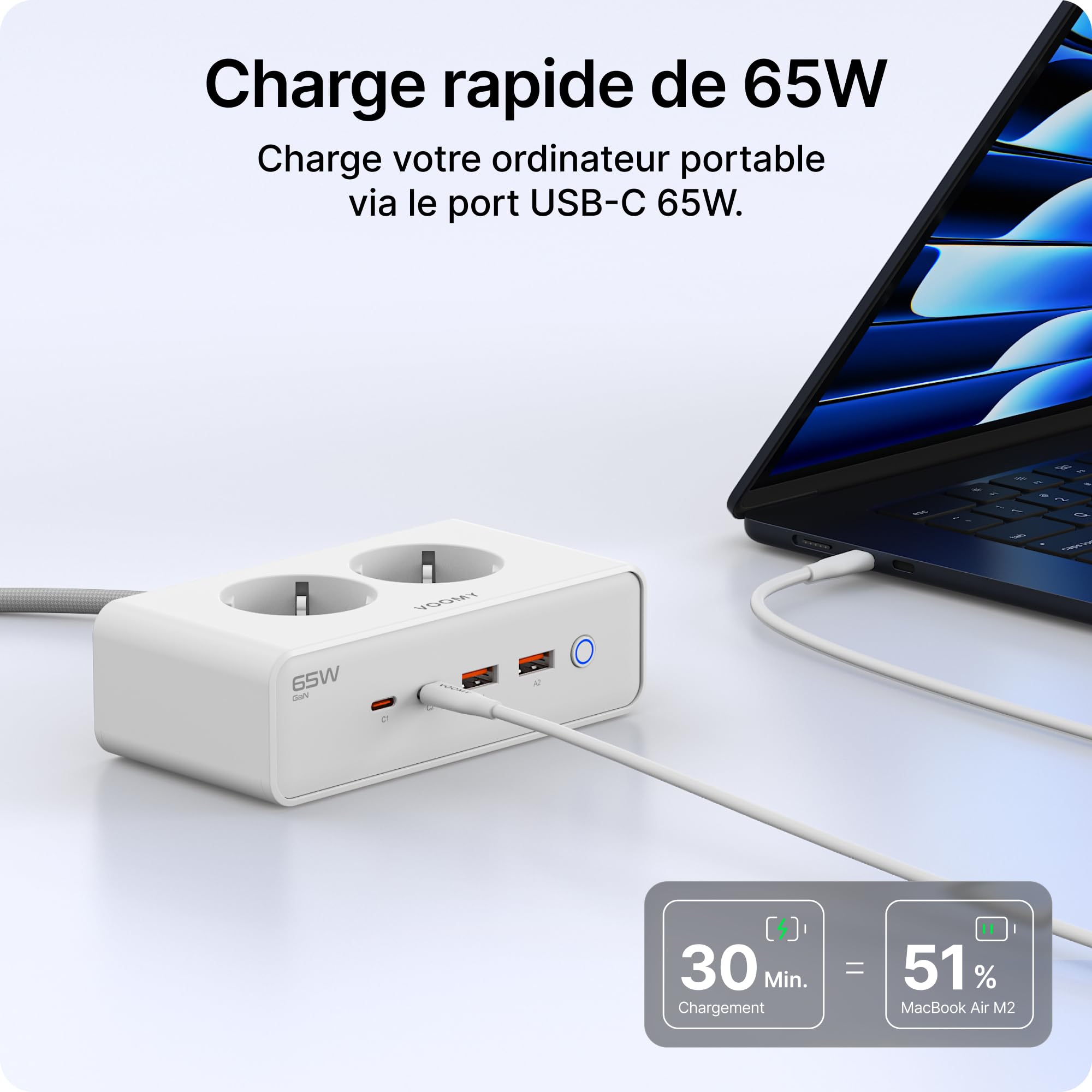 Voomy Multiprise avec Ports USB 65W, Protection Contre Les Surtensions, Les Surcharges et Les Courts-Circuits, Verrouillage de Sécurité, 2 Mètres (Blanc)