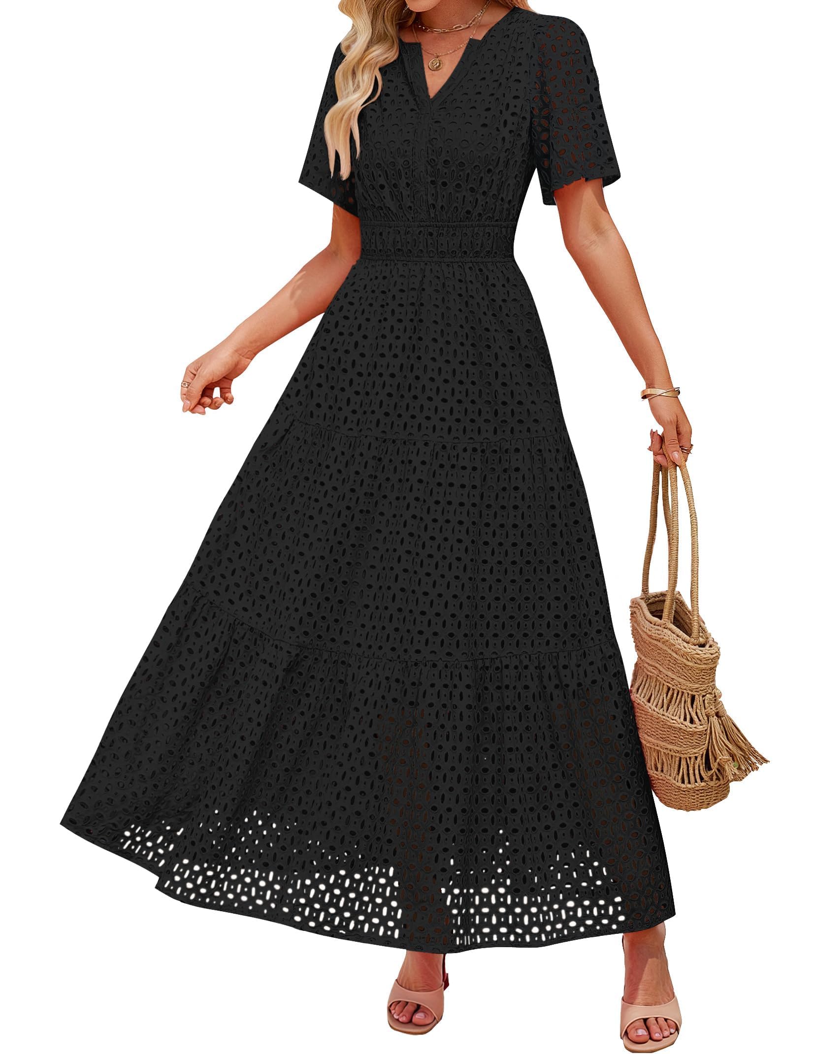 ZESICA Women's 2025 Summer Short Sleeve Maxi Dress Casual V Neck Hollow Out Eyelet Ruffle Swing A Line Long Dresses
