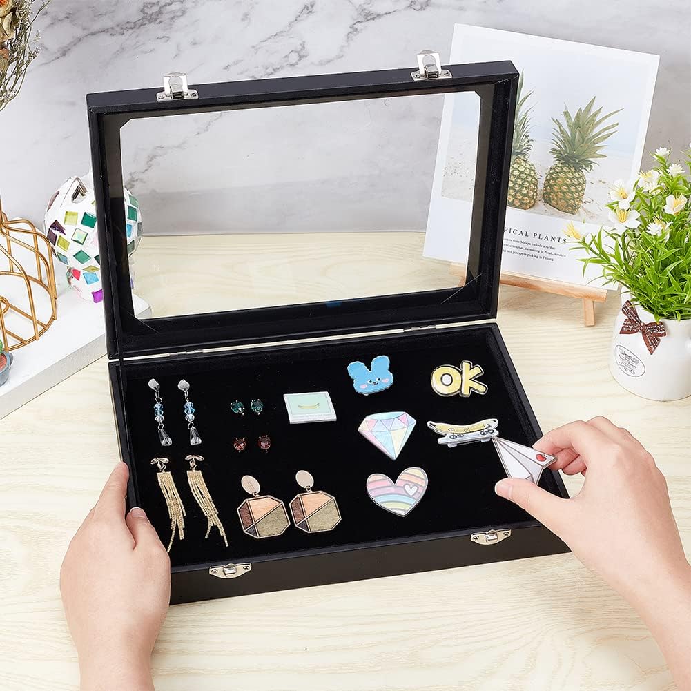 NBEADS Black Velvet Pin Display Case, 11x7.8x1.9 Inch Wall Hanging Brooch Jewelry Storage Case Wooden Presentation Boxes with Glass Window and Hangers for Coin Medals Pins Badges Display and Storage