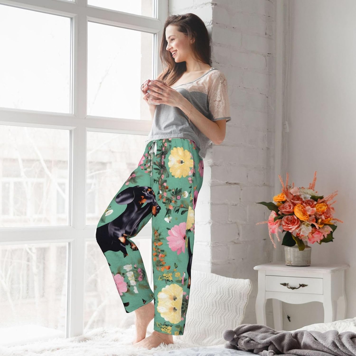 Dachshund Florals Print Cozy Flannel Pajama Pants For Women,Warm Christmas Pj Pants,Cute Fleece Pajamas
