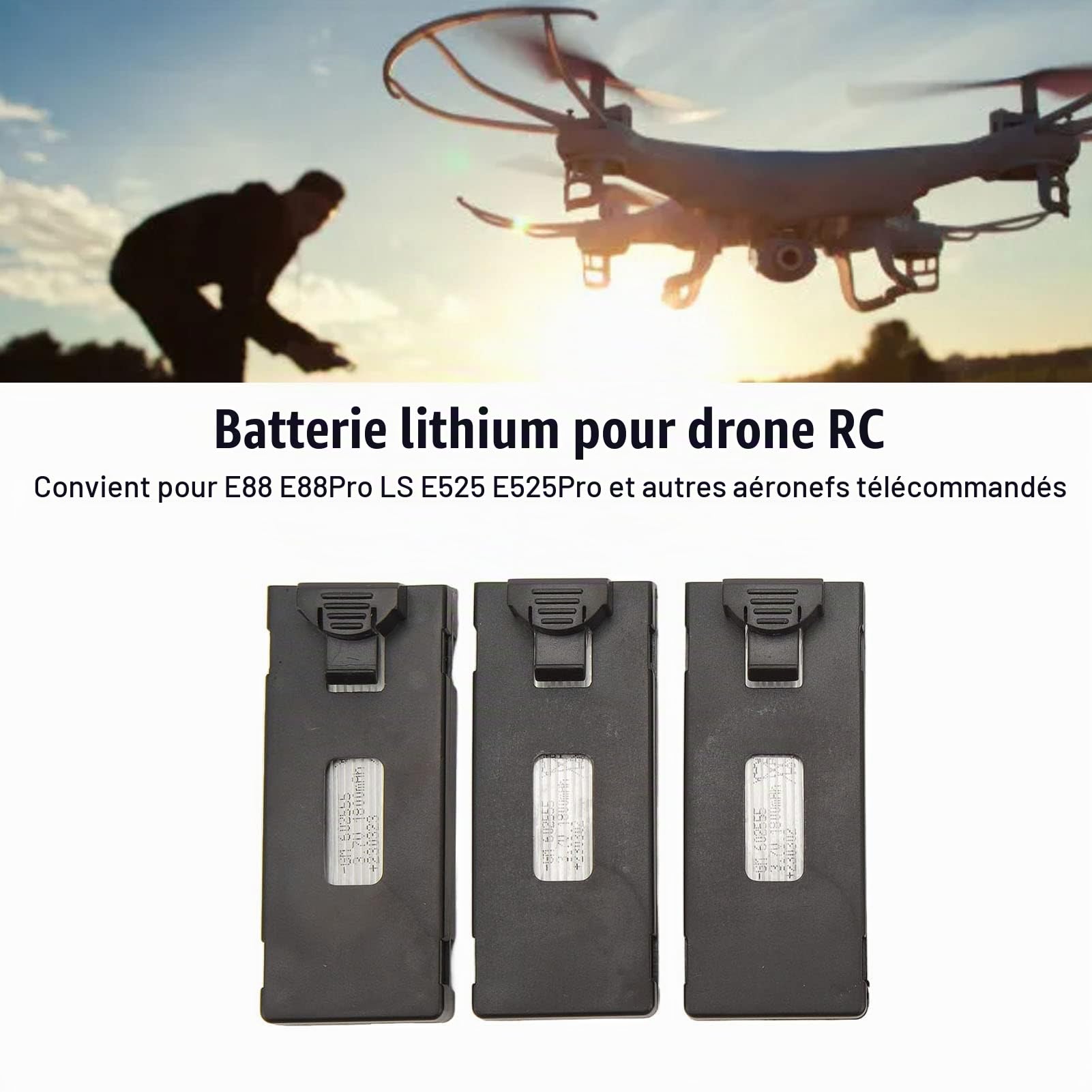 Batterie au Lithium RC Drone 3 pcs 3.7v RC Drone Batterie avec câble de Charge 3 en 1 e88 e88pro LS e525 e525pro léger et Portable RC Aircraft Charging Cable Set (1800mah)