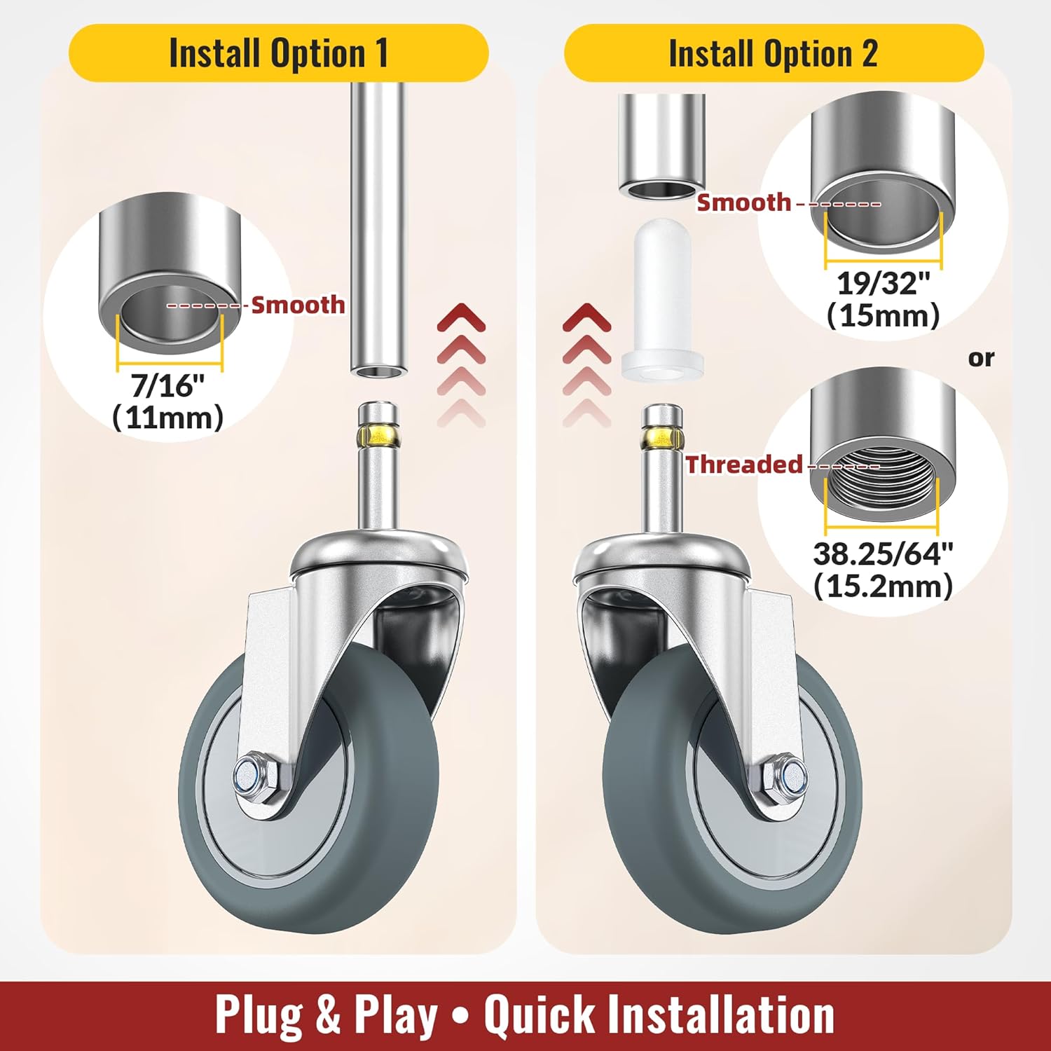 HOLKIE Stem Caster Wheels 3 inch Casters Set of 8, 7/16-Inch Stem Diameter Swivel Castors Heavy Duty TPR Rubber Replacement Castor for Cart, Stool, Mop Bucket, Grill, Shop Vac