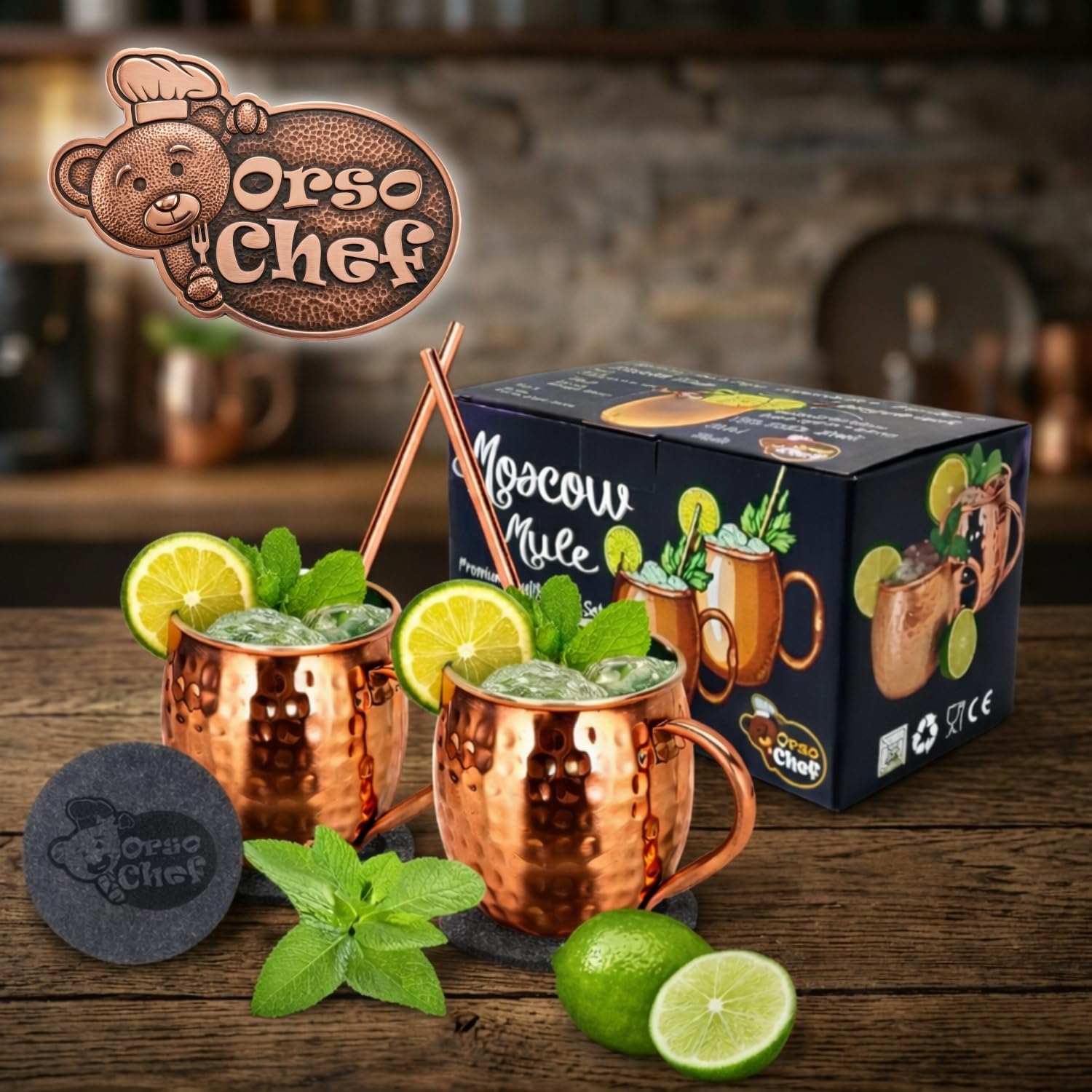 Set Completo Di 2 Bicchieri Cocktail Moscow Mule Rame, Accompagnati Da Cannucce, Sottobicchieri Acquistando In Omaggio Esclusivo E-book Con Ricette E Suggerimenti Per Cocktail