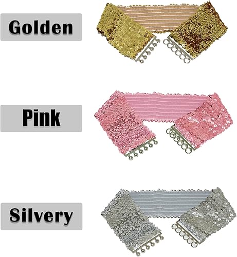 Miniatura 2 de Cinturones de lentejuelas de 3 piezas para mujer, accesorios de disfraz de discoteca, cinturón elástico para mujer, cintura ancha brillante,