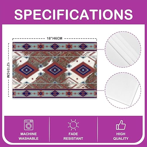 Miniatura 4 de Juego de 4 manteles individuales decorativos de tela lavable estilo bohemio de 18 x 12 pulgadas, manteles individuales aztecas de piel de vacuno,