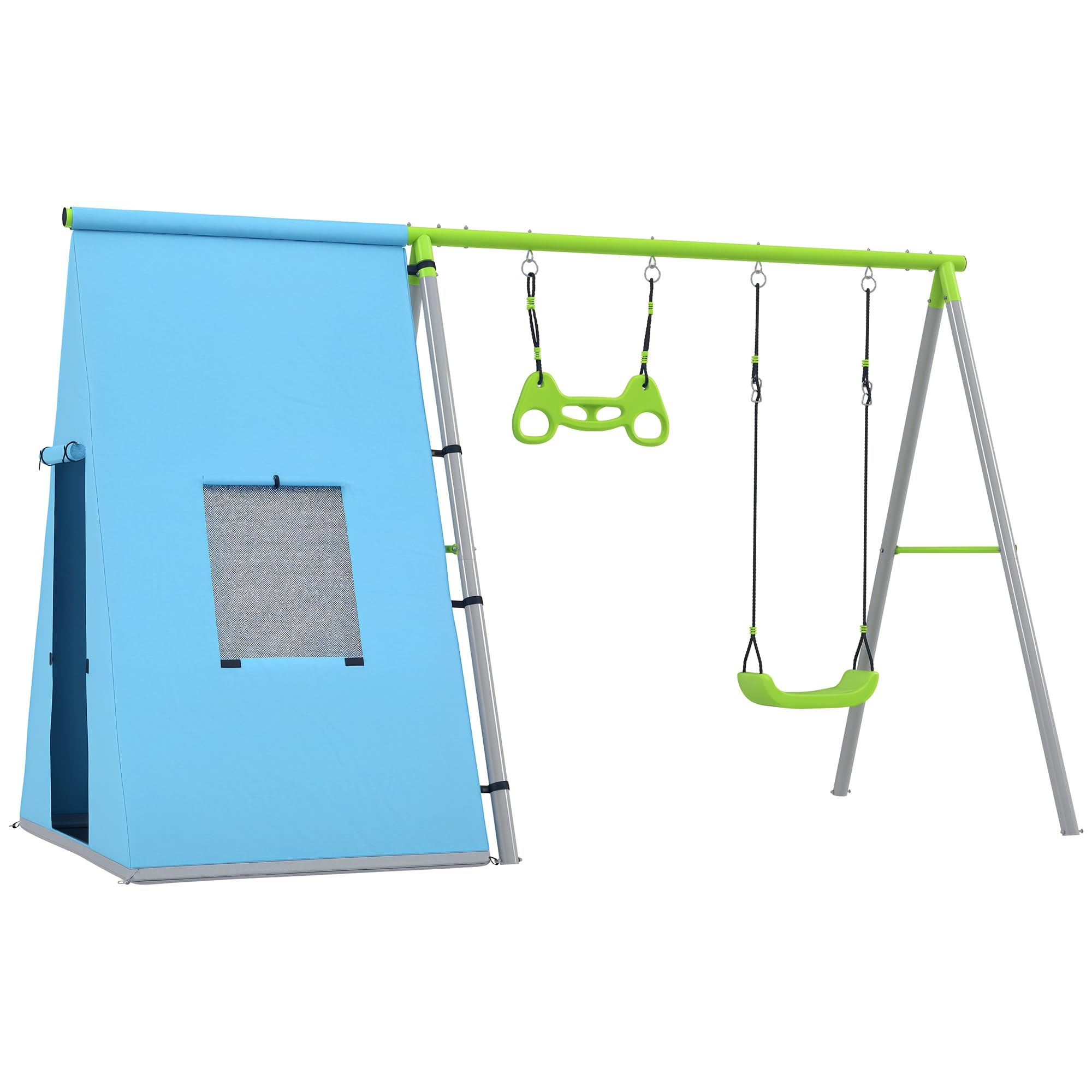 AIYAPLAY - Columpio para niños (3 años, 3 en 1, columpio de jardín, con tienda de columpio, anillos de gimnasia y marco de metal, color verde