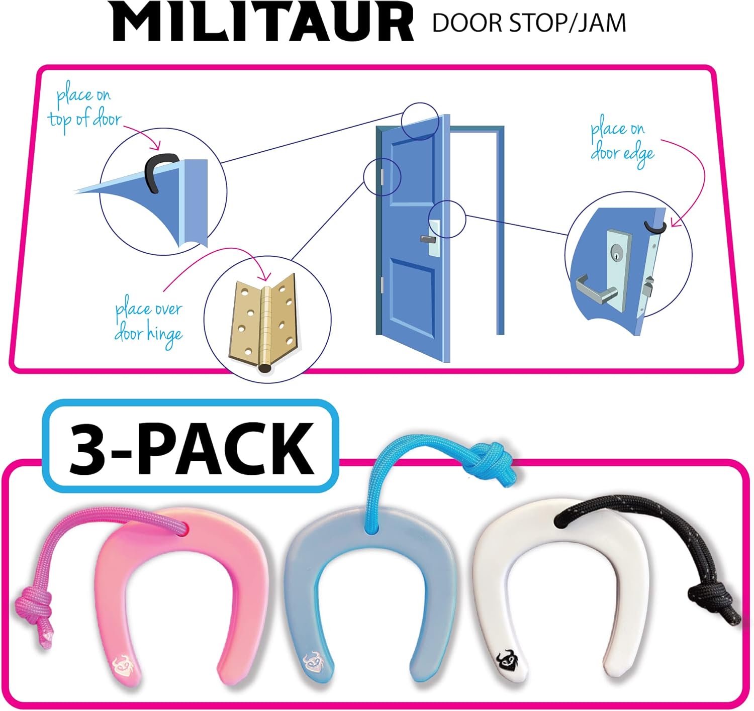 Door Stop. Door Pinch Guard. Glow in The Dark Blue Pink White. Door Slam Stopper. Cat Door Stopper for Food & Litter Access. Keeps Doors Open for Moving & Deliveries. Heavy Duty. (3 Pack)