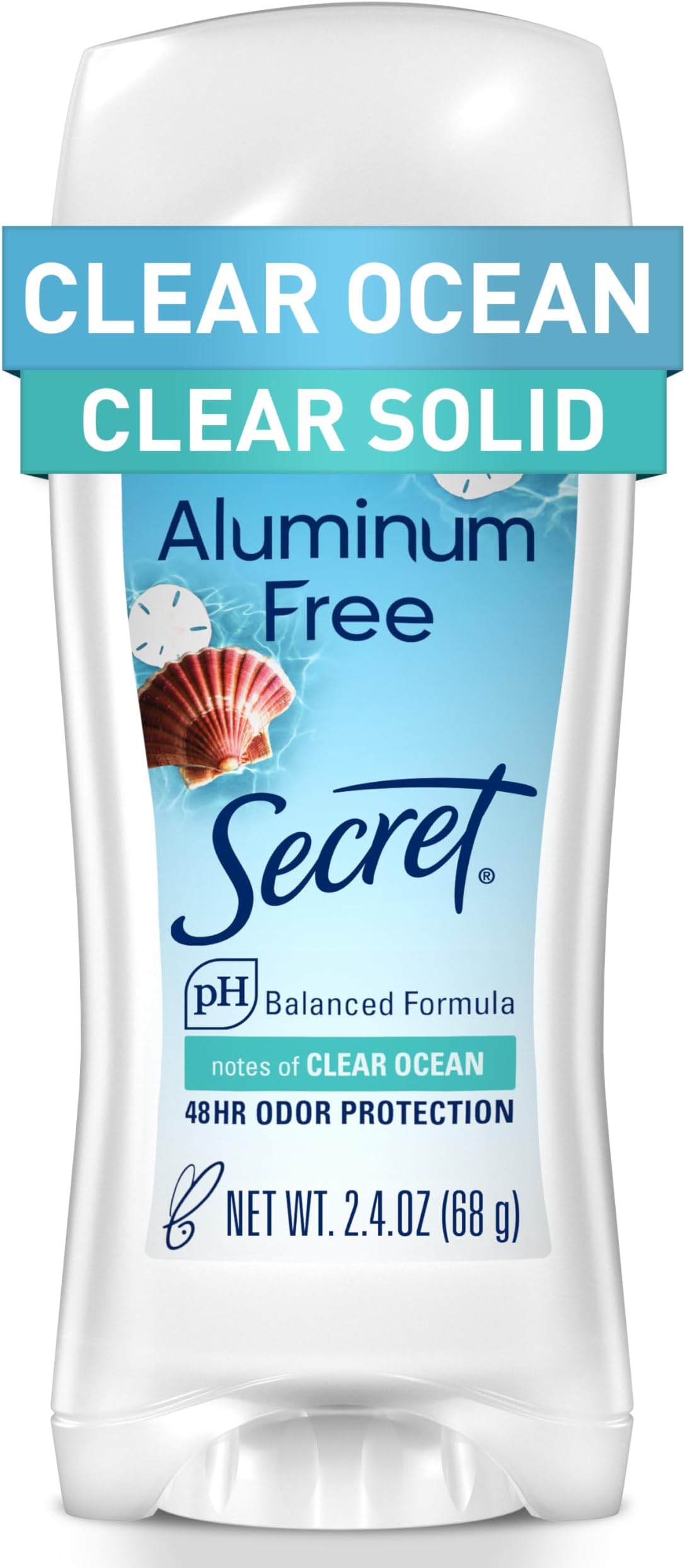 Secret Aluminum Free Deodorant for Women, 48hr Odor Protection, Free of Parabens Dyes Talc & Baking Soda, PH Balancing Minerals, Clear Solid, Clear Ocean Scent, 2.4 oz