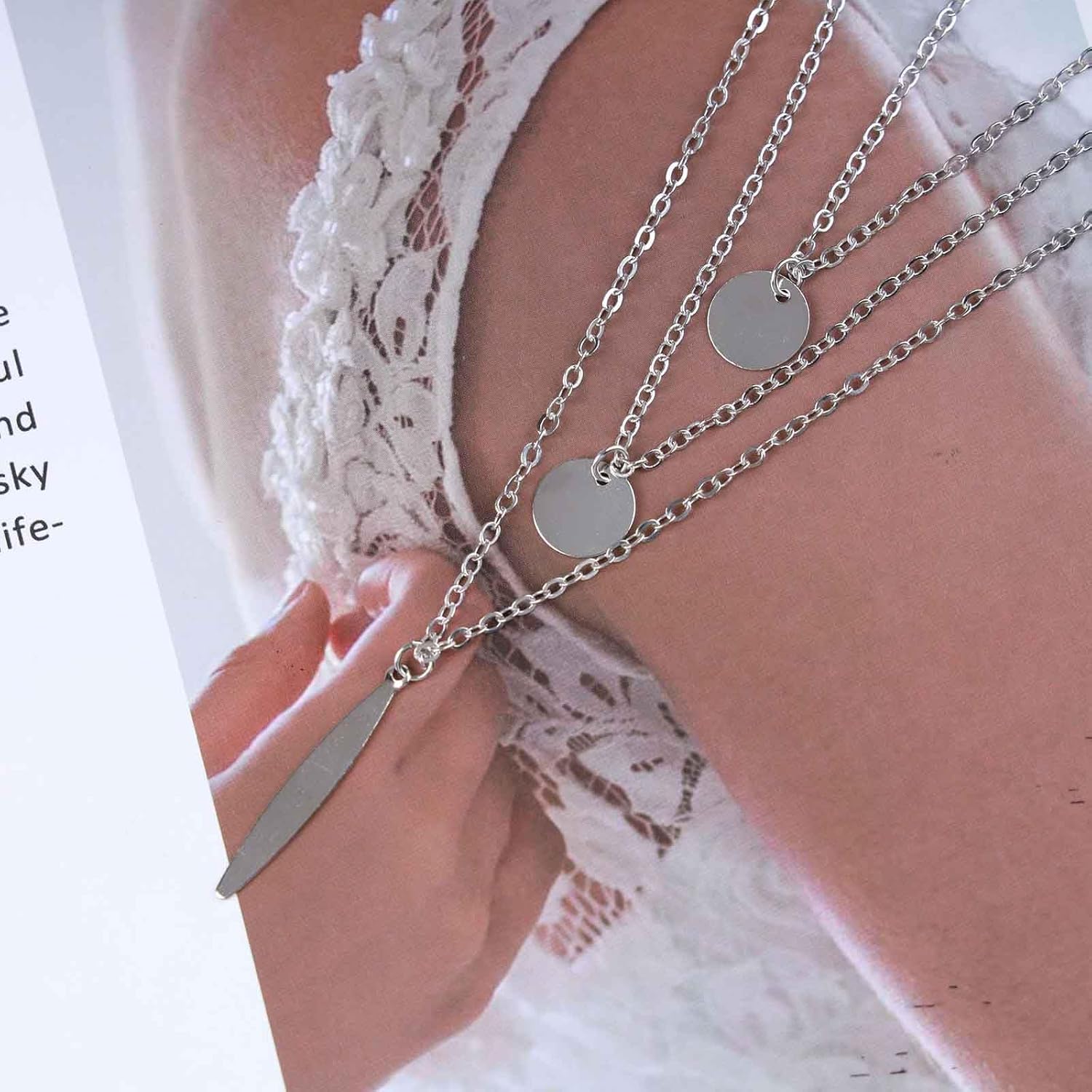 Vintage Layered Coin Disc Necklace Long Bar Pendant Necklace Double Coin Choker Necklace Silver Geometric Vertical Bar Necklace Jewelry for Women - Image 4