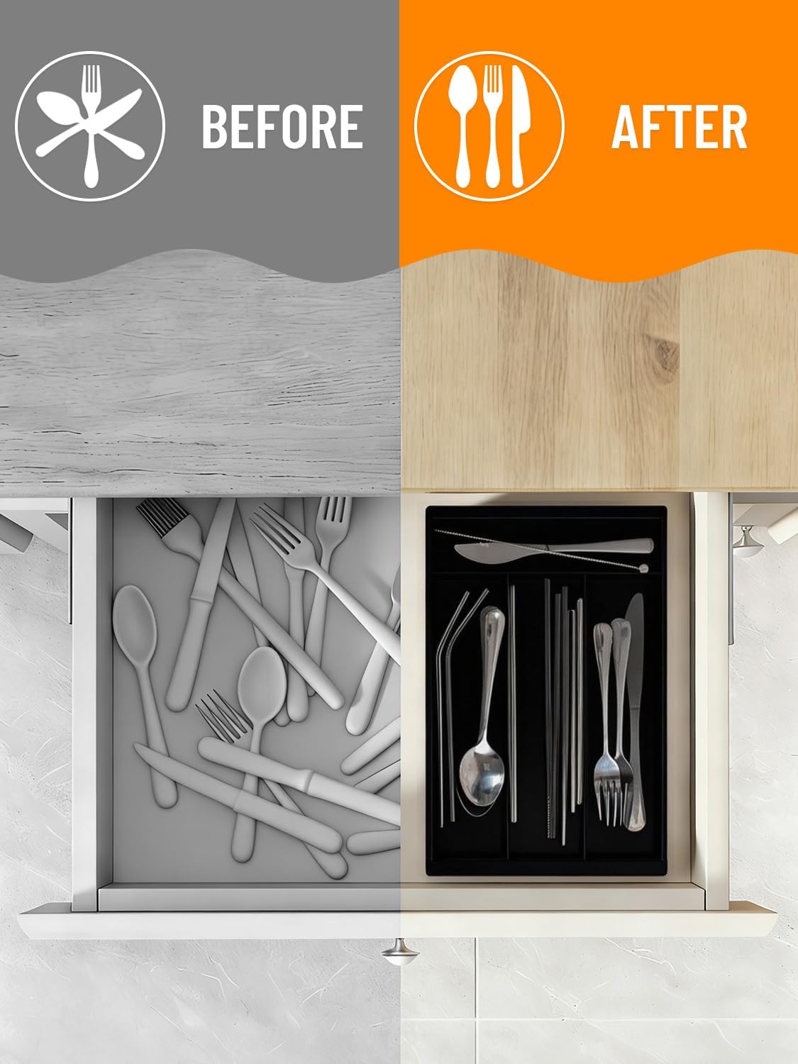 Silverware Drawer Organizer Tray, Adjustable Small Utensil Holder for Spoon and Fork, Expandable Flatware Cutlery Tray for Kitchen Drawers (Black) - Image 5