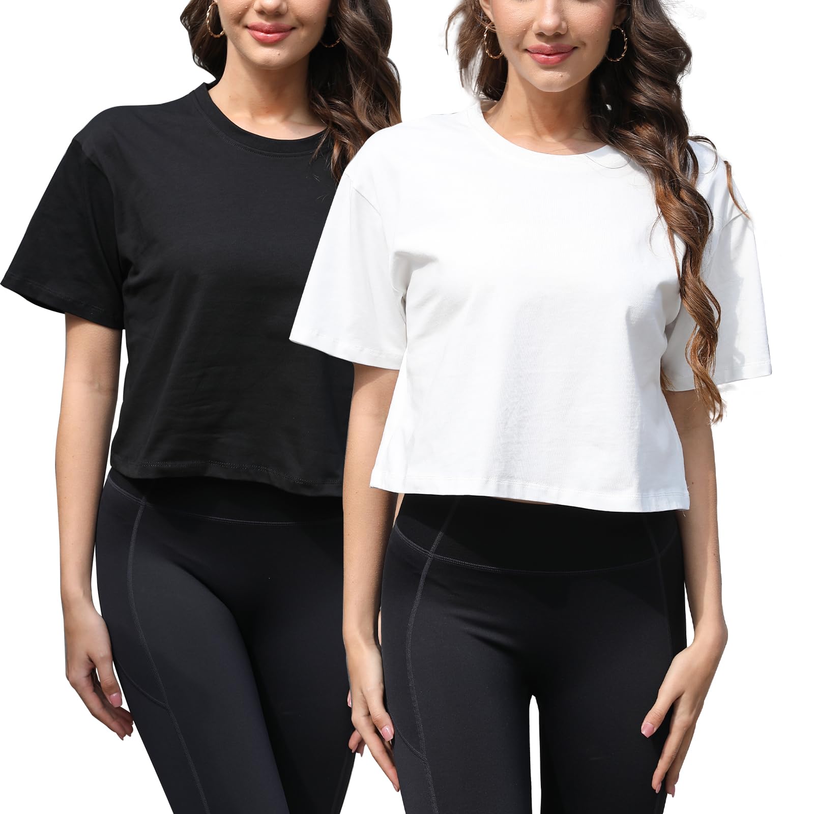 Women Workout Crop Top T-Shirt 100% Cotton Drop Shoulder Half Sleeve Oversized Yoga Running Cropped Loose Tee