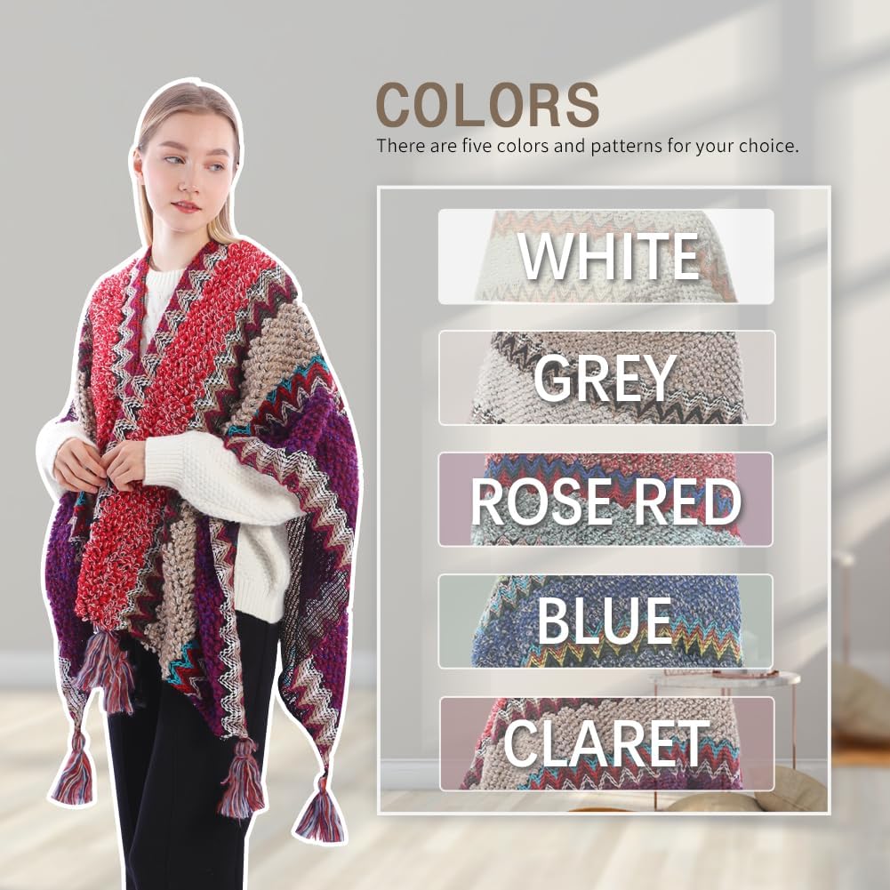 Knit Shawl Wrap Poncho Cape for Women, Ladies Knitted Cardigan Kimono with Fringe for Fall Winter - Image 6