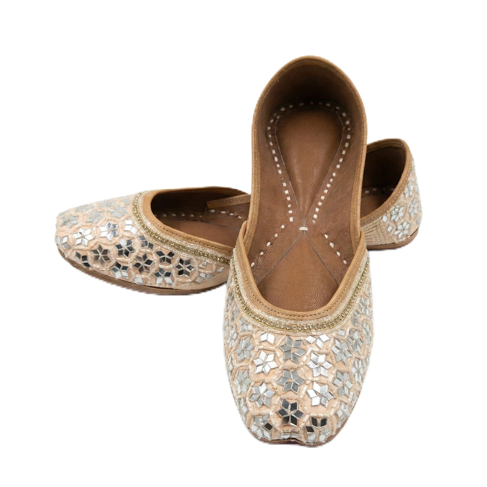 vesora Noura Peach Mirror Embellished Punjabi Jutti for Women | Handcrafted with Geometric Reflective Work | Model C8-picture-22
