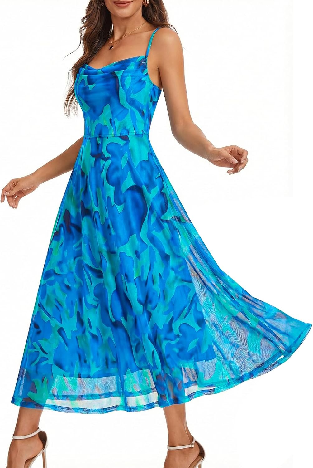 DRESSTELLS Floral Wedding Guest Dress with Adjustable Strap, Stretchy Aline Spring Easter Mesh Dresses, Fully Lined, S-XL