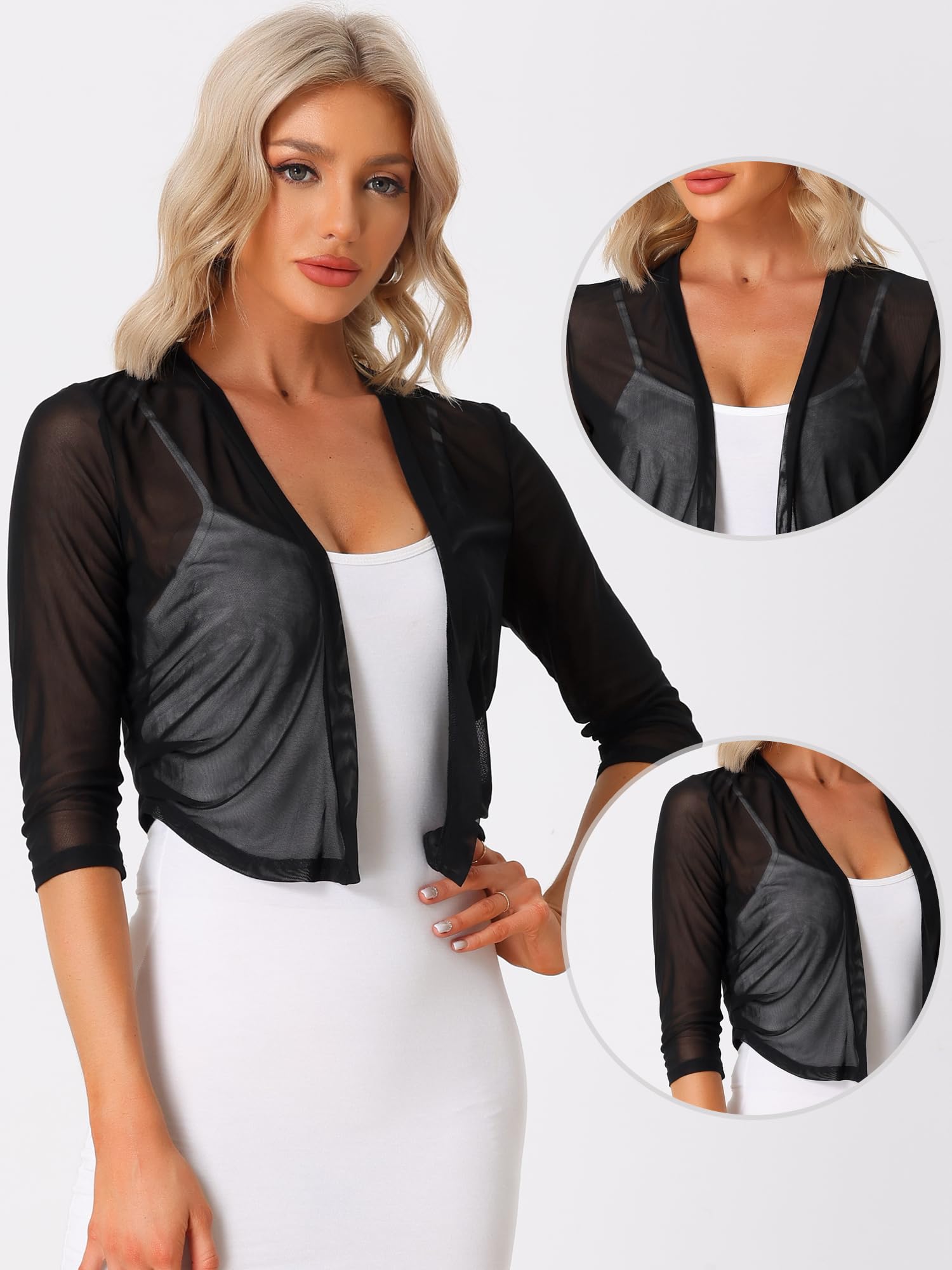 Allegra K Gilet Transparent Femme Boléro Mousseline de Soie Devant Ouvert Manches 3/4 Cardigan Court Léger