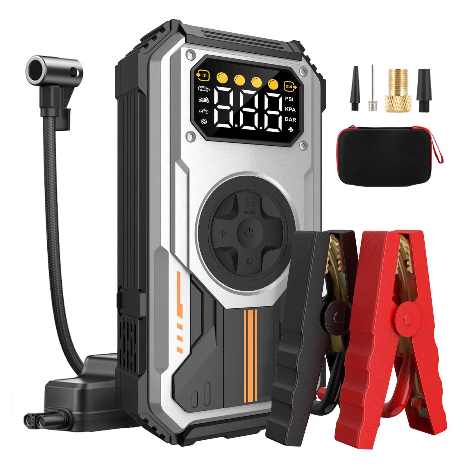 Eigotrav Car Battery Jump Starter with Air Compressor, Rechargeable Car Jumper Portable 6000A (Up to 7.5L Gas, 6L Diesel), LCD Display LED Flashlight Operating Temperature -20? to 70? (PD-270, 6000A)