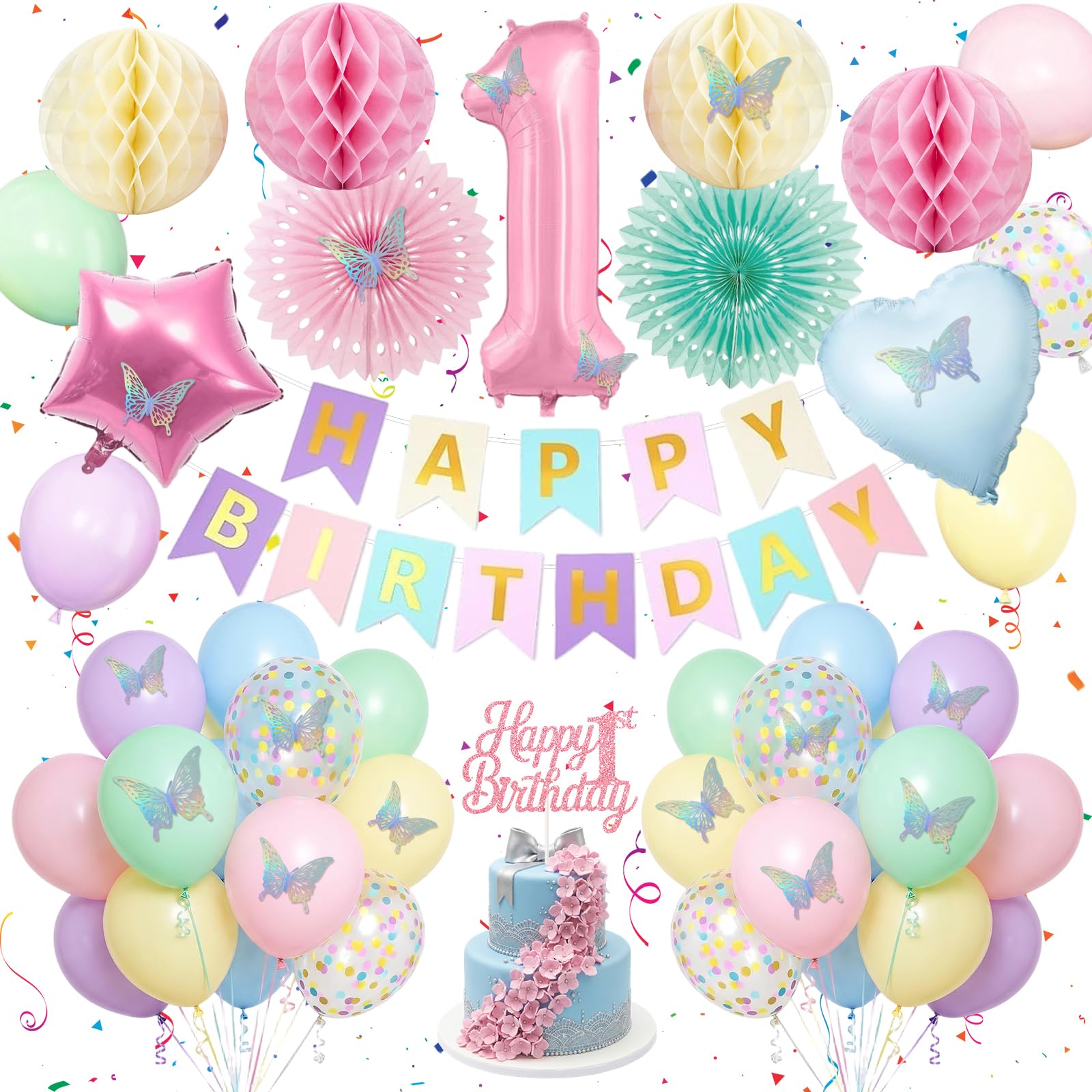 Afritee 1st Birthday Decorations Banner, Soft Color Balloon Decor for Girl