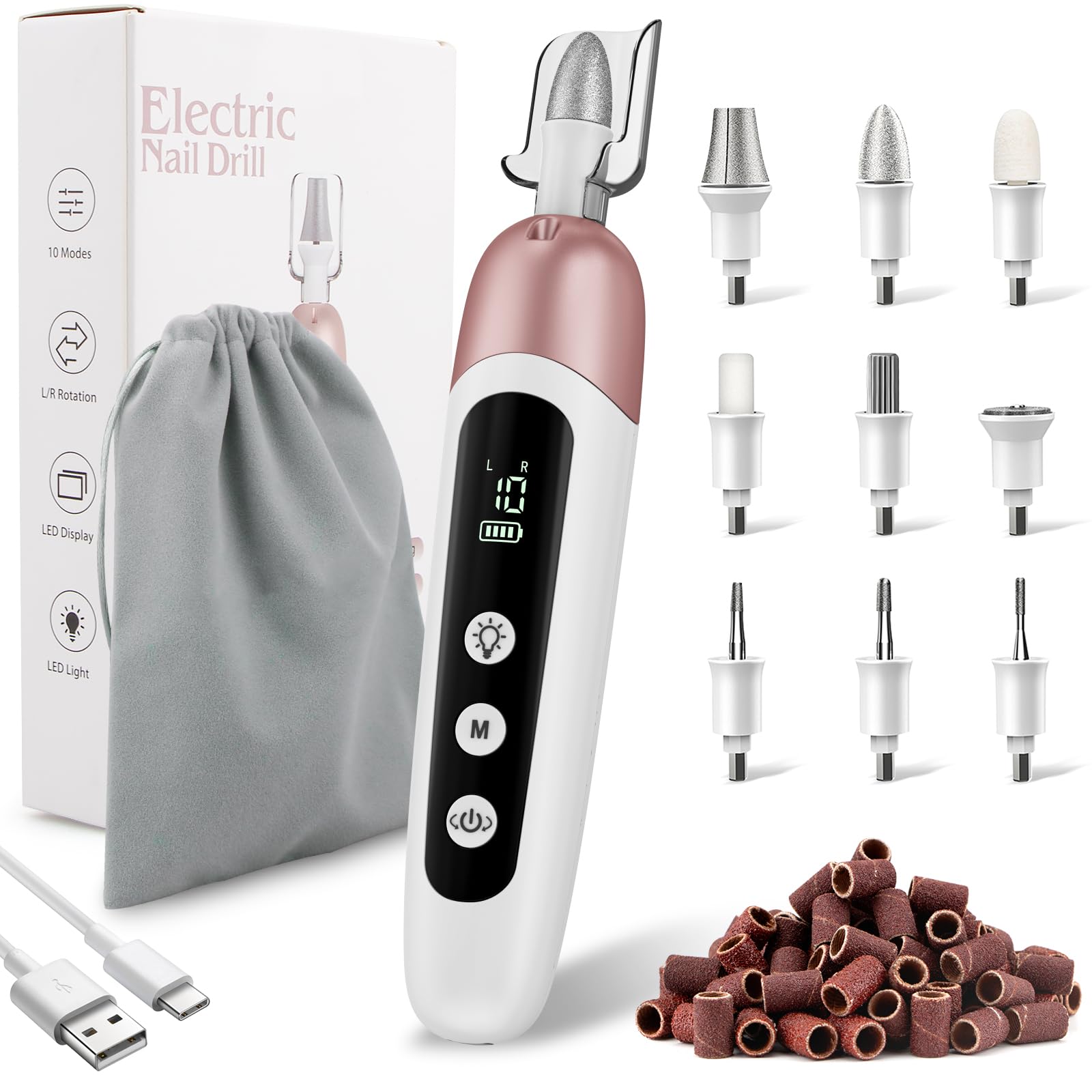 AOMEES Maniküre-/ Pediküre-Set, Elektrische Nagelfräser & Hornhautentferner mit 9 Aufsätzen, 10 Geschwindigkeiten, LED-Licht, Nagelfeile für Gelnägel & dicke Fußnägel, mit Aufbewahrungsbeutel