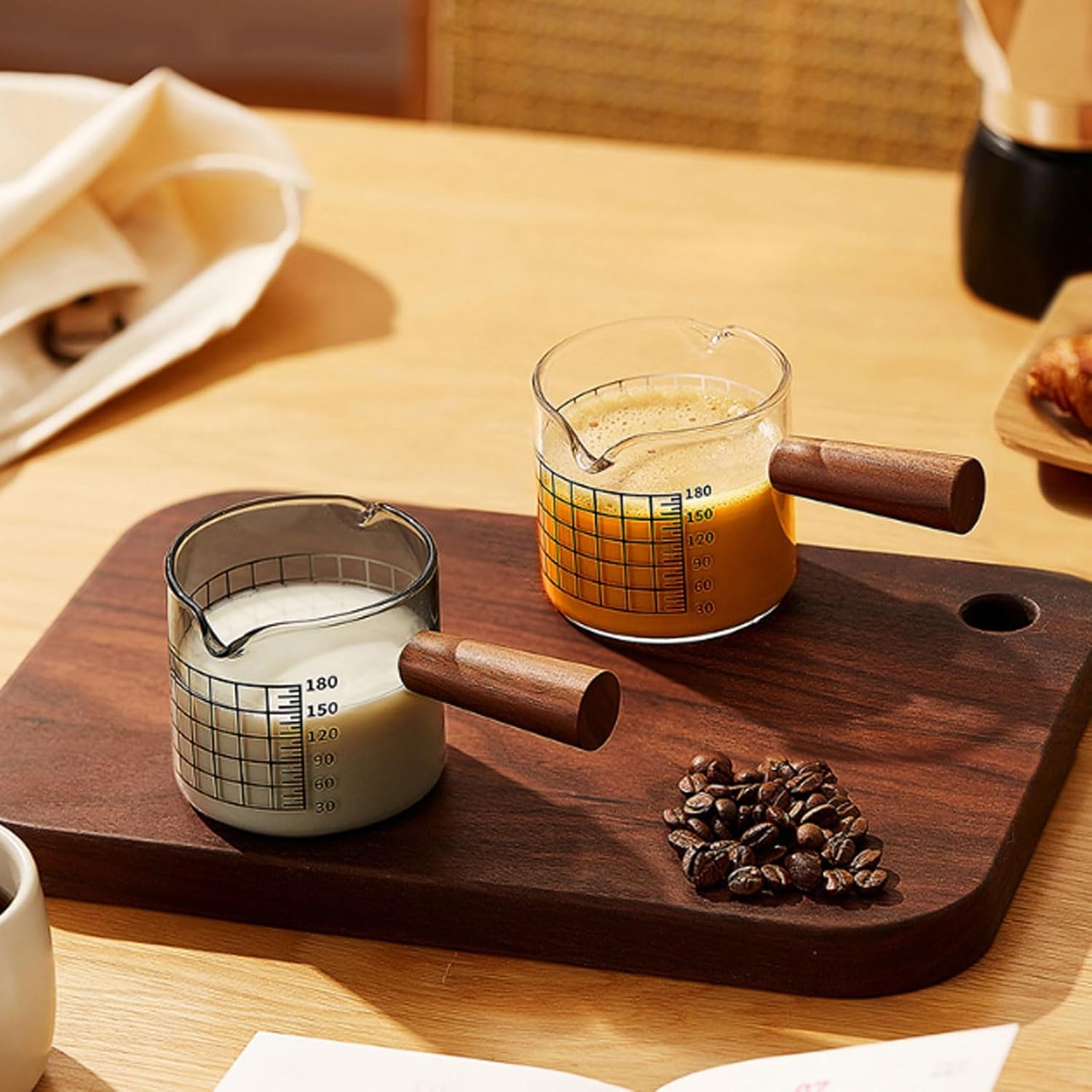 Glass Measuring Cup with Scale 180ml Dual-Spout Espresso Cup Birch Handle Milk Jug with Ounce ML Markings Coffee Extraction Tool Sauce Dish(Transparent wood)