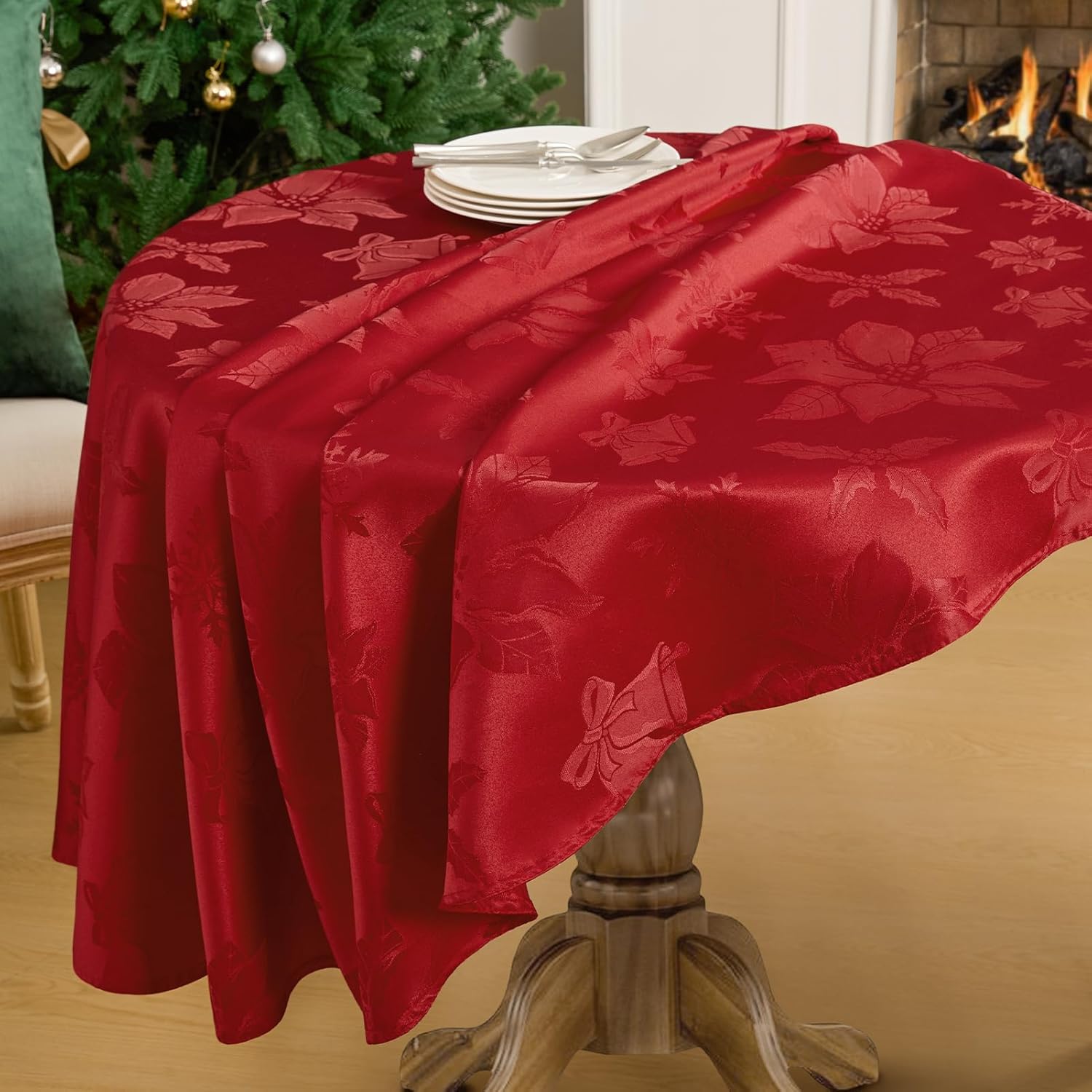 Softalker Christmas Jacquard Round Tablecloth, Winter Vintage Damask Table Cover, Waterproof Poinsettia Snowflakes Polyester Table Cloths Decor for Holiday, Dining, Party - 70 inch, Red