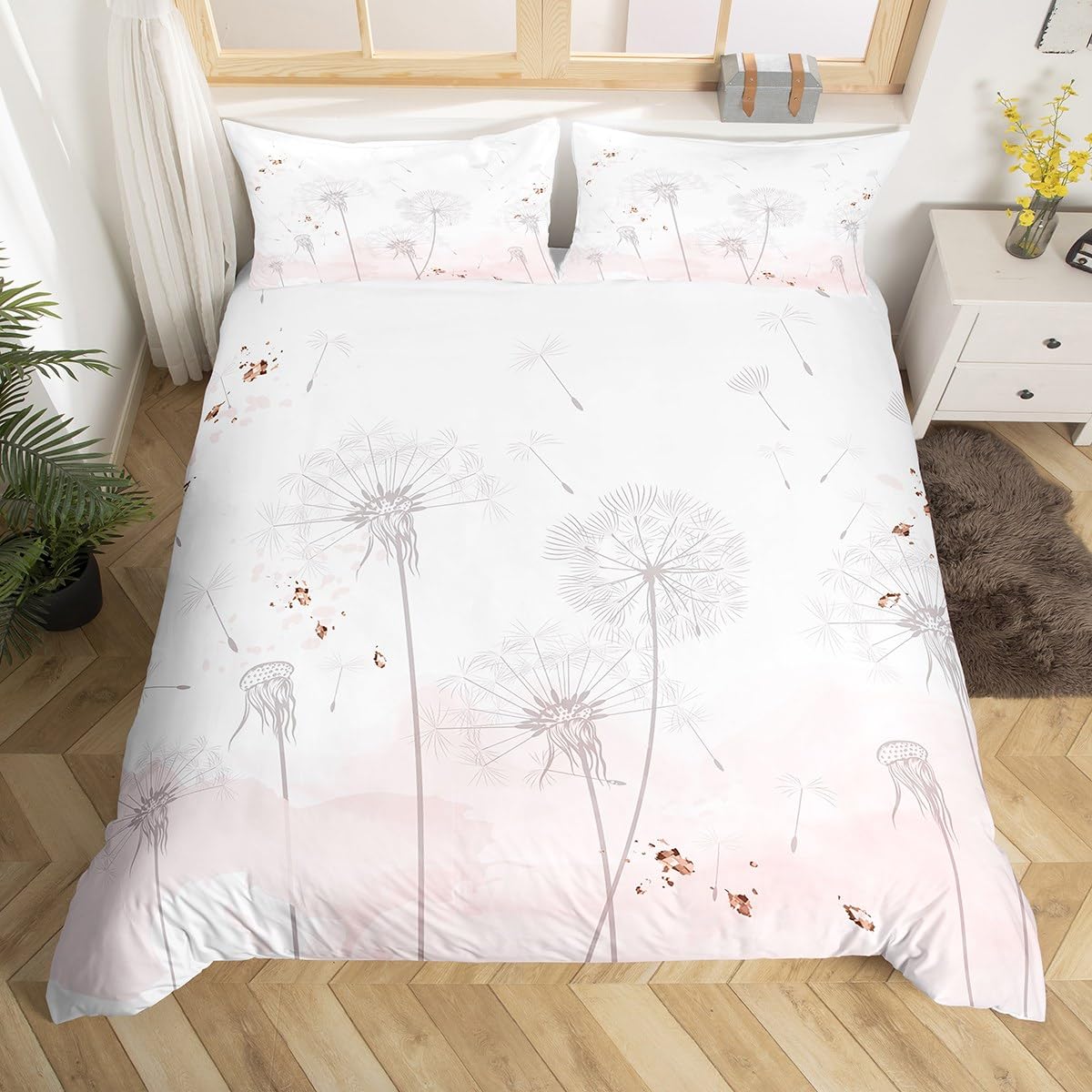Housse de couette motif pissenlit rose blanche parure de lit 3 pièces