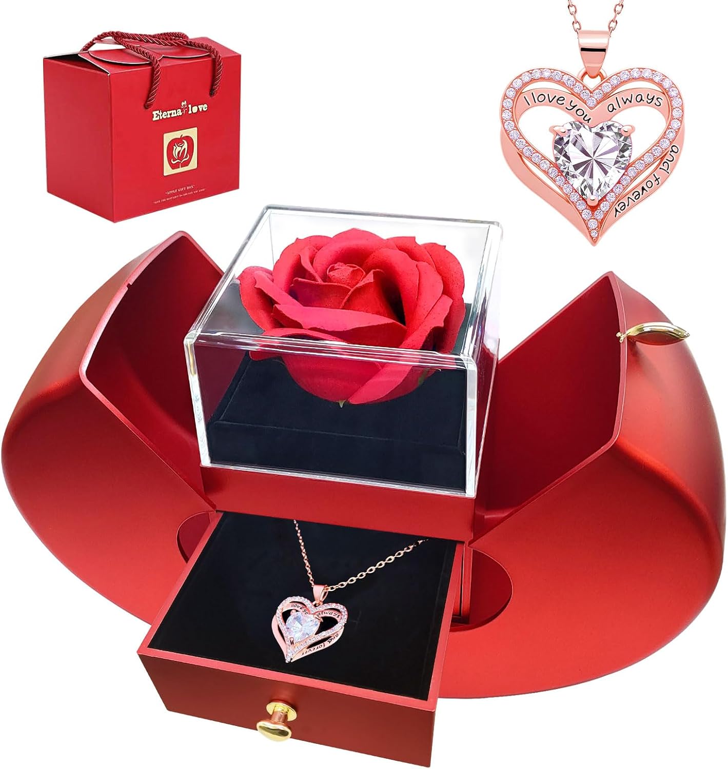 Preserved Flower Rose Gift Box with Necklace for Women Romantic Gift for Her - Birthday, Anniversary Keepsake, Mother's Day