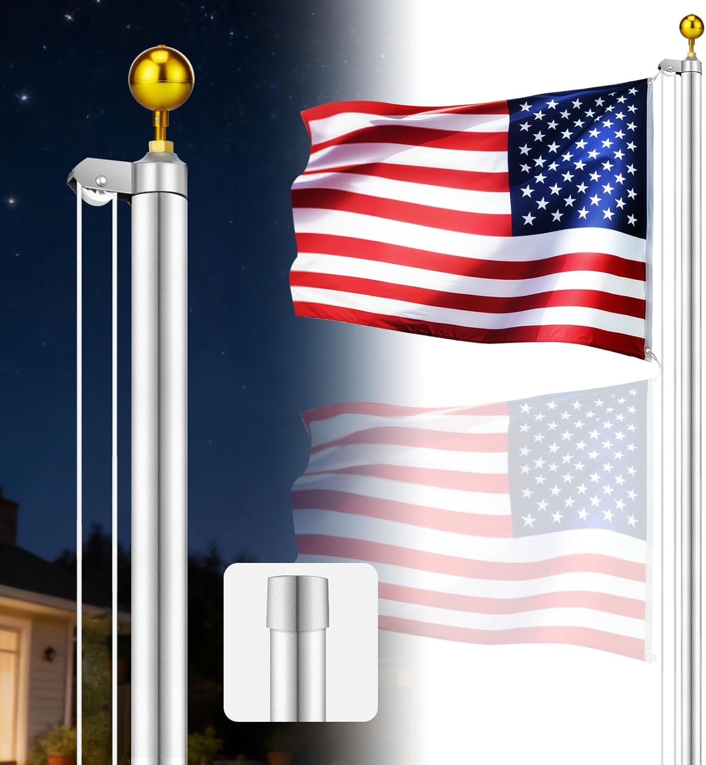 20FT Flag Pole Kit, Heavy Duty 12 Gauge Flag Pole Holder for Outside House in Ground - 2MM Thick Aluminum Flagpole with 3x5 Embroidered American Flag 100MPH