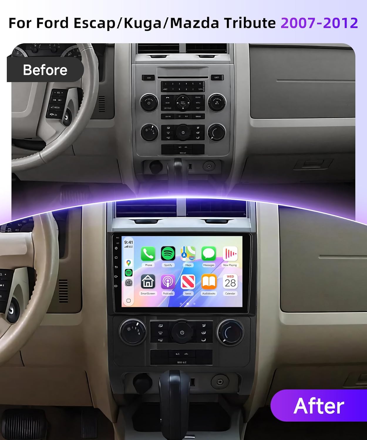 Car Radio Stereo for Ford Escape Kuga Mazda Tribute 2007-2012, 9" IPS Touch Screen/5Ghz WiFi/Android 15/Wireless CarPlay/Android Auto/DSP/GPS/Bluetooth/FM/RDS/SWC/AHD Backup Camera,2G+64G