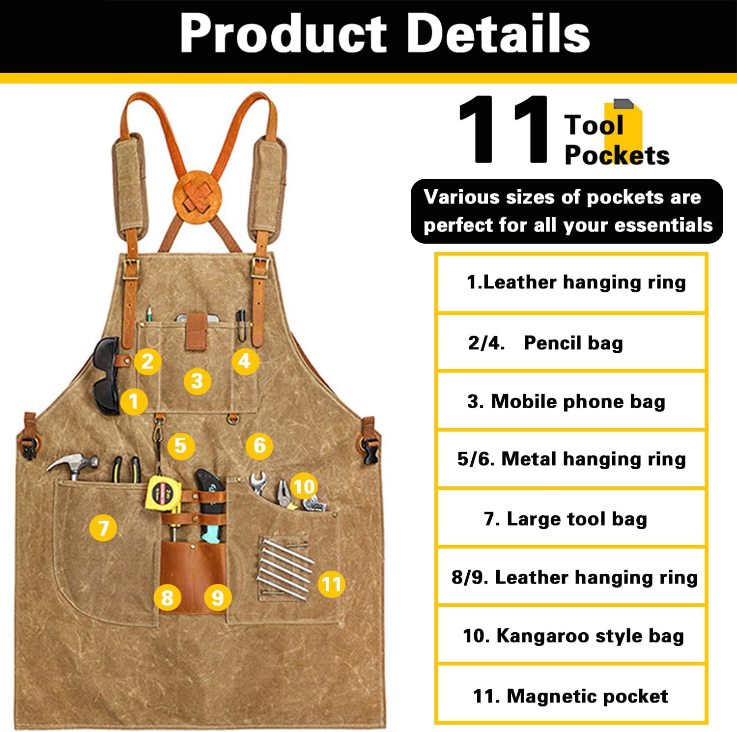 Cowhide Leather Welding Apron, Heat & Flame Resistant Workshop Welder Apron with 5 Pockets