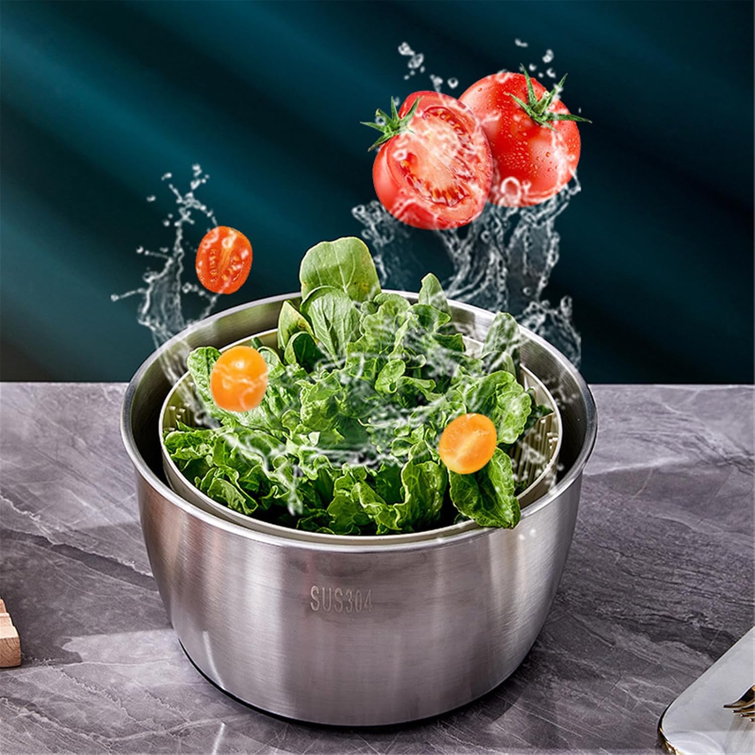 Space Saving 2 Layer Food Grade Stainless Steels Vegetable Spinner Salad Dryer Double Basket Kitchenwares Kitchen Salad Spinner with Drain Basket