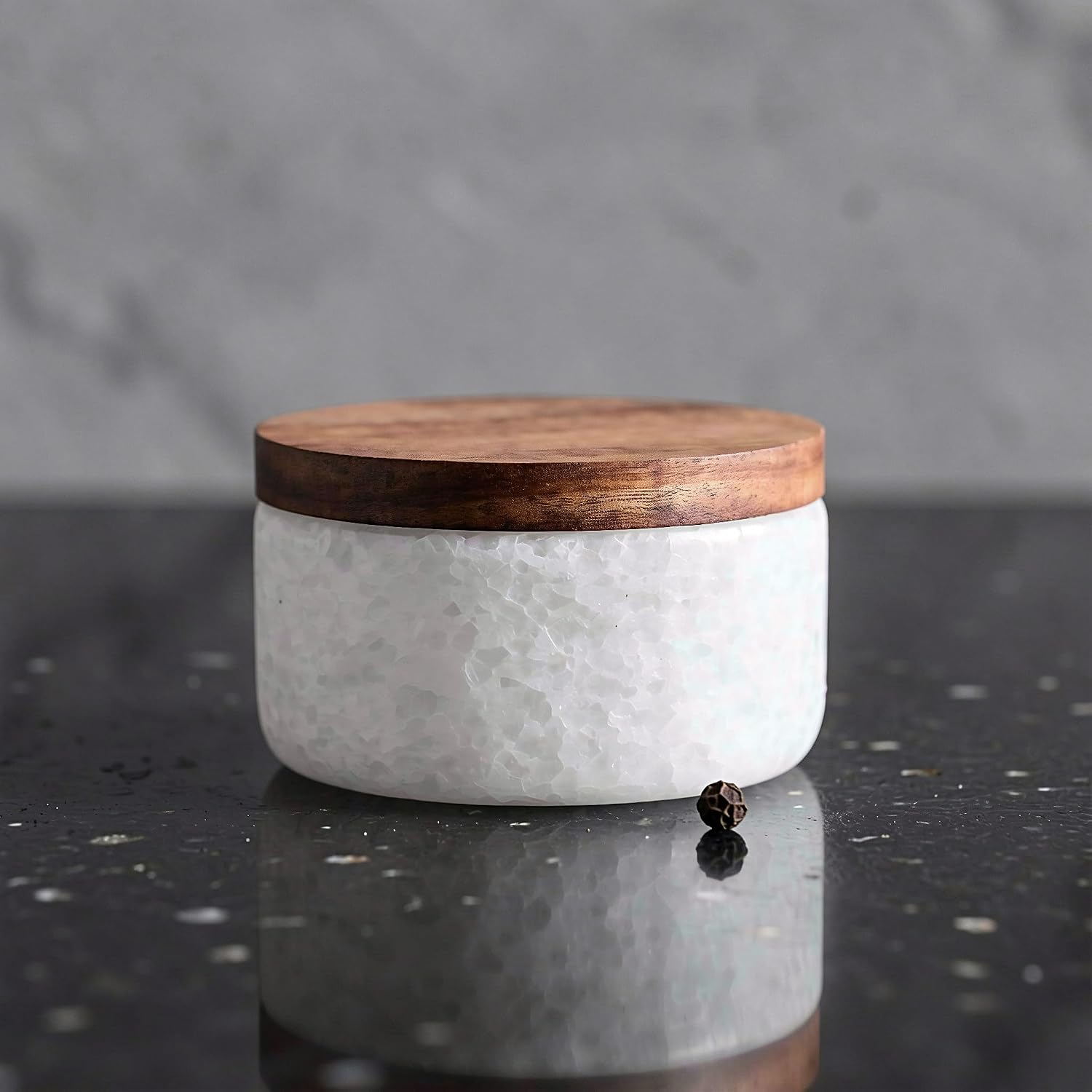 INOOMP Salt Cellar with Wood Lid & Spoon, 6.25oz Marble Salt Keeper Bowl