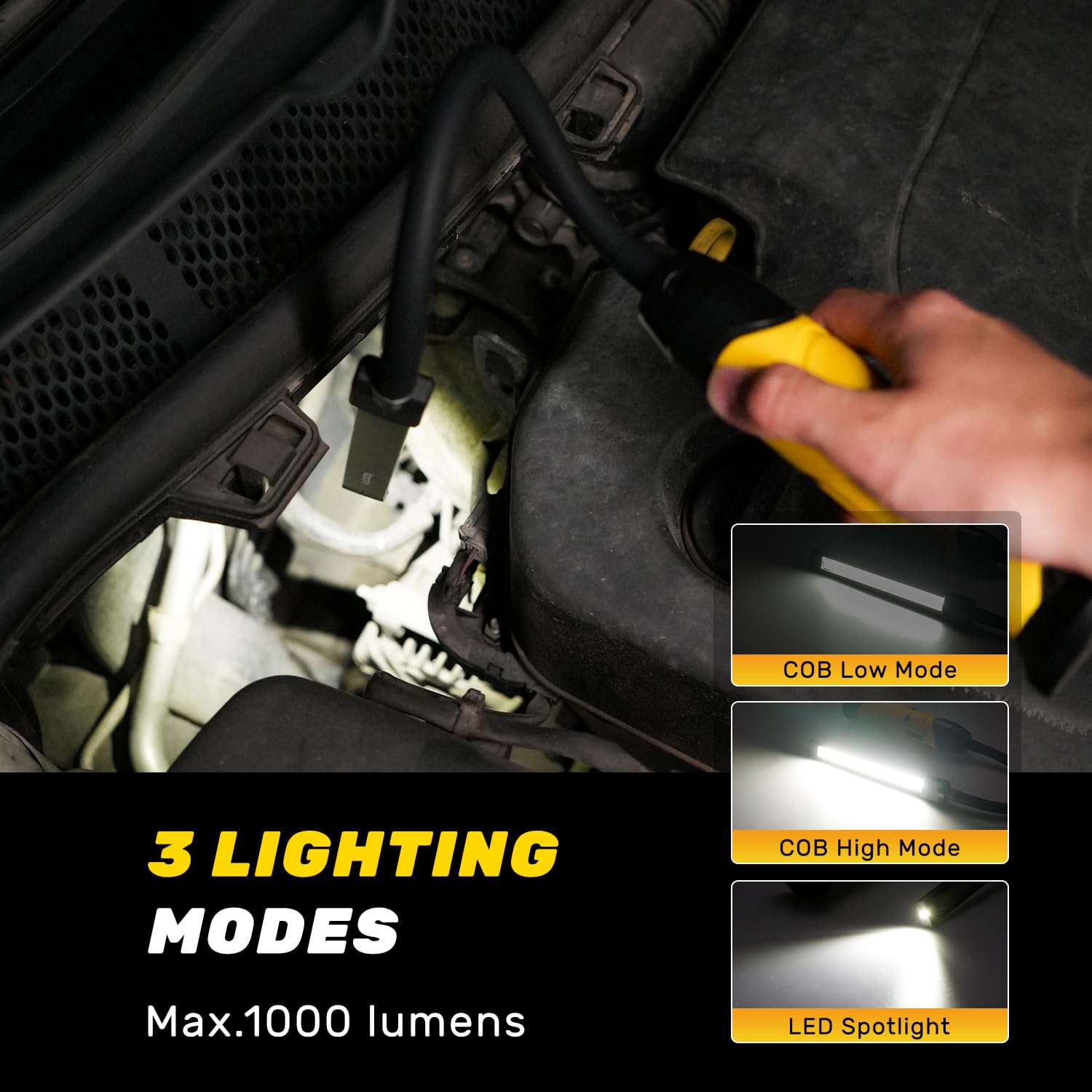 Baladeuse LED Mecanicien, Lampe de Travail LED Rechargeable à col de Cygne Flexible à 360°, 1000 Lumens 3 Modes Lampe Torche avec Base Magnétique pour for Garage, Camping, Emergency
