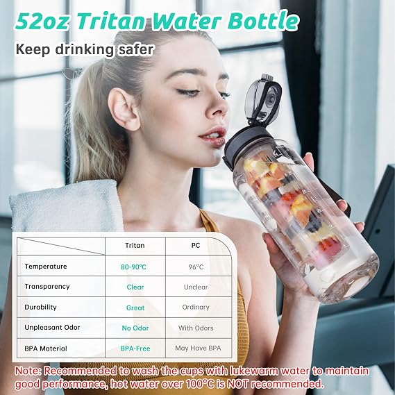 UTEBIT Fruit Infuser Water Bottle, 1.5L Leakproof Sports Water Bottles with Time Markings, 52oz Tritan BPA Free Motivational Drinks Bottle for Fitness Gym Cycling Camping Office Outdoor