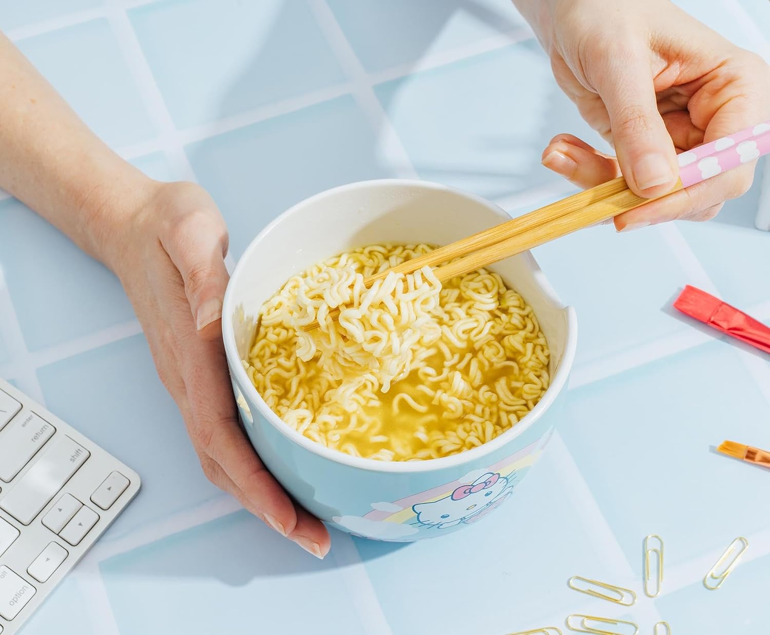 Silver Buffalo Sanrio Hello Kitty Rainbow Ceramic Ramen Dinnerware Set | Includes 20-Ounce Noodle Bowl and Wooden Chopsticks