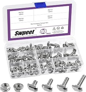 Swpeet 80Pcs 4 Sizes European Standard 30 Series M6 x 12/16/20/25mm T Slot Drop-in Bolt and Nickel M6 Flange Nut Assortment Kit, Thread T Slot, Drop-in Bolt T-Bolt, Hammer Head Bolt, T Screw Stud