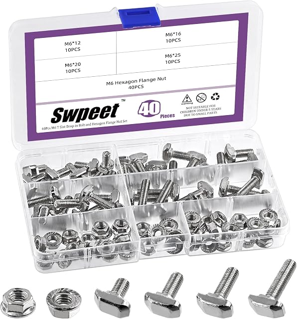 Swpeet 80Pcs 4 Tailles Norme européenne 30 Series M6 x 12/16/20/25mm T Bolt et Nickel à fente M6 Kit d'assortiment d'écrous à brides, Fente de filetage T, Bolt en T, Boule de tête de marteau, Stud de vis T