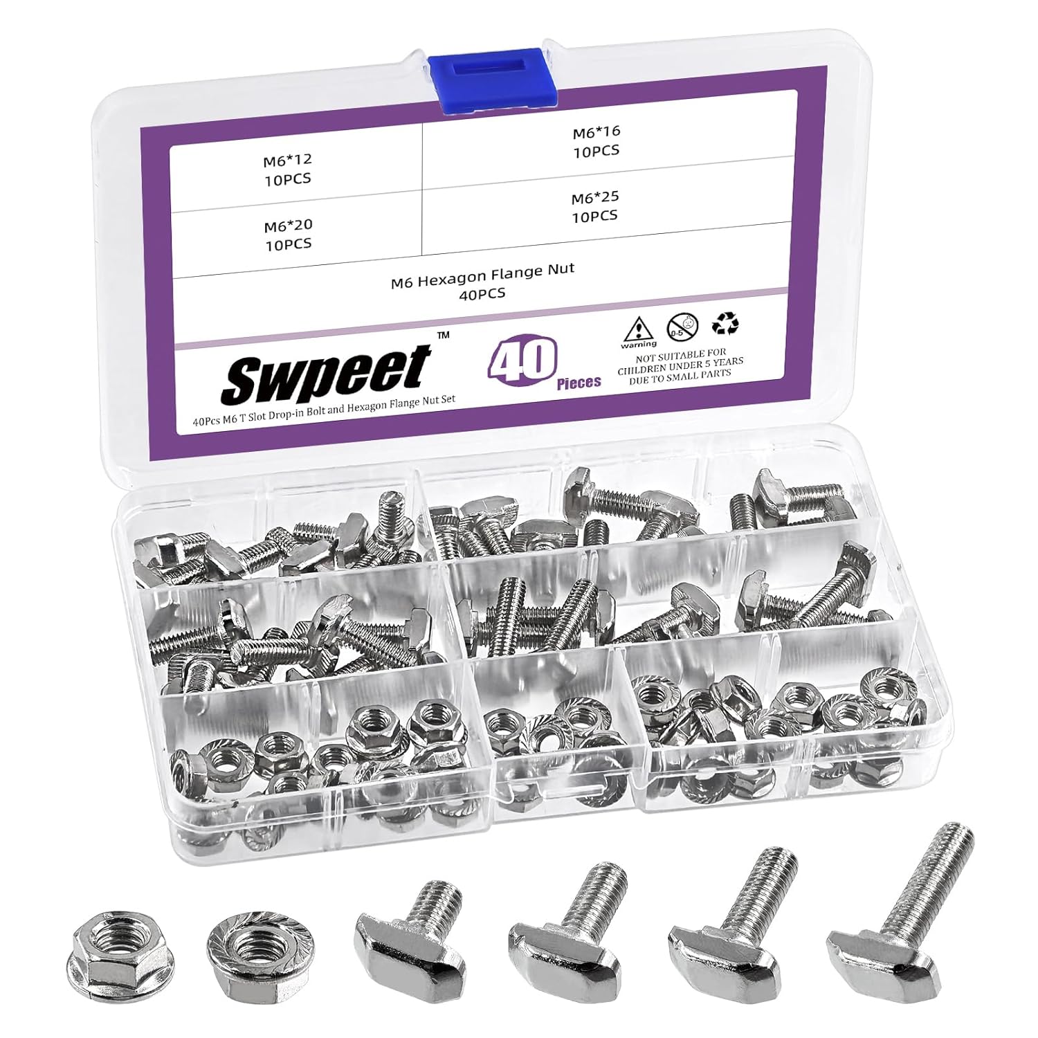 Swpeet 80Pcs 4 Sizes European Standard 30 Series M6 x 12/16/20/25mm T Slot Drop-in Bolt and Nickel M6 Flange Nut Assortment Kit