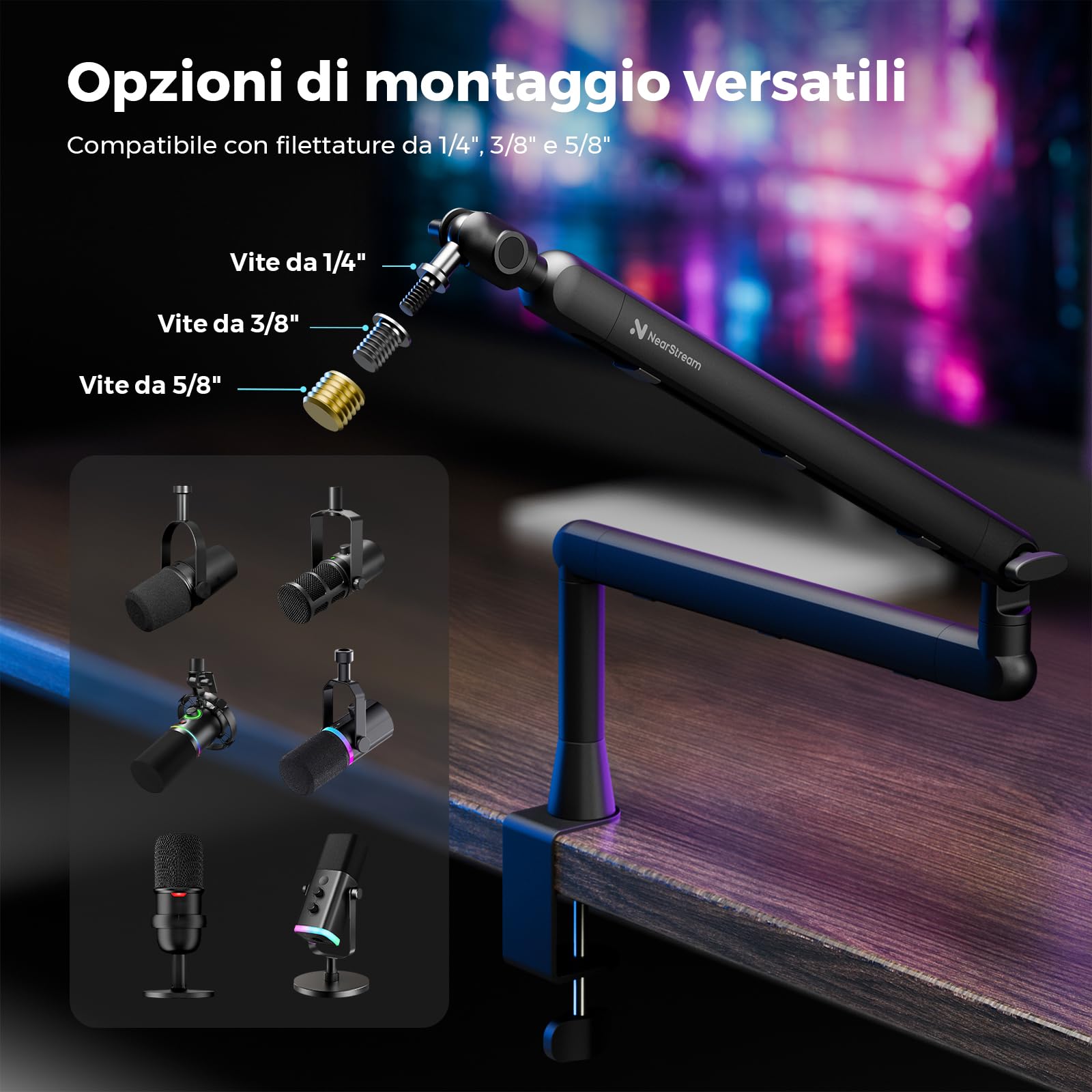 NearStream ST20 Supporto per Microfono con Adattatori 1/4", 3/8" e 5/8", Braccio Microfono Regolabile con Gestione Cavi, Riser 4,5", Montaggio Scrivania per Podcasting, Streaming, Gaming e Home Office