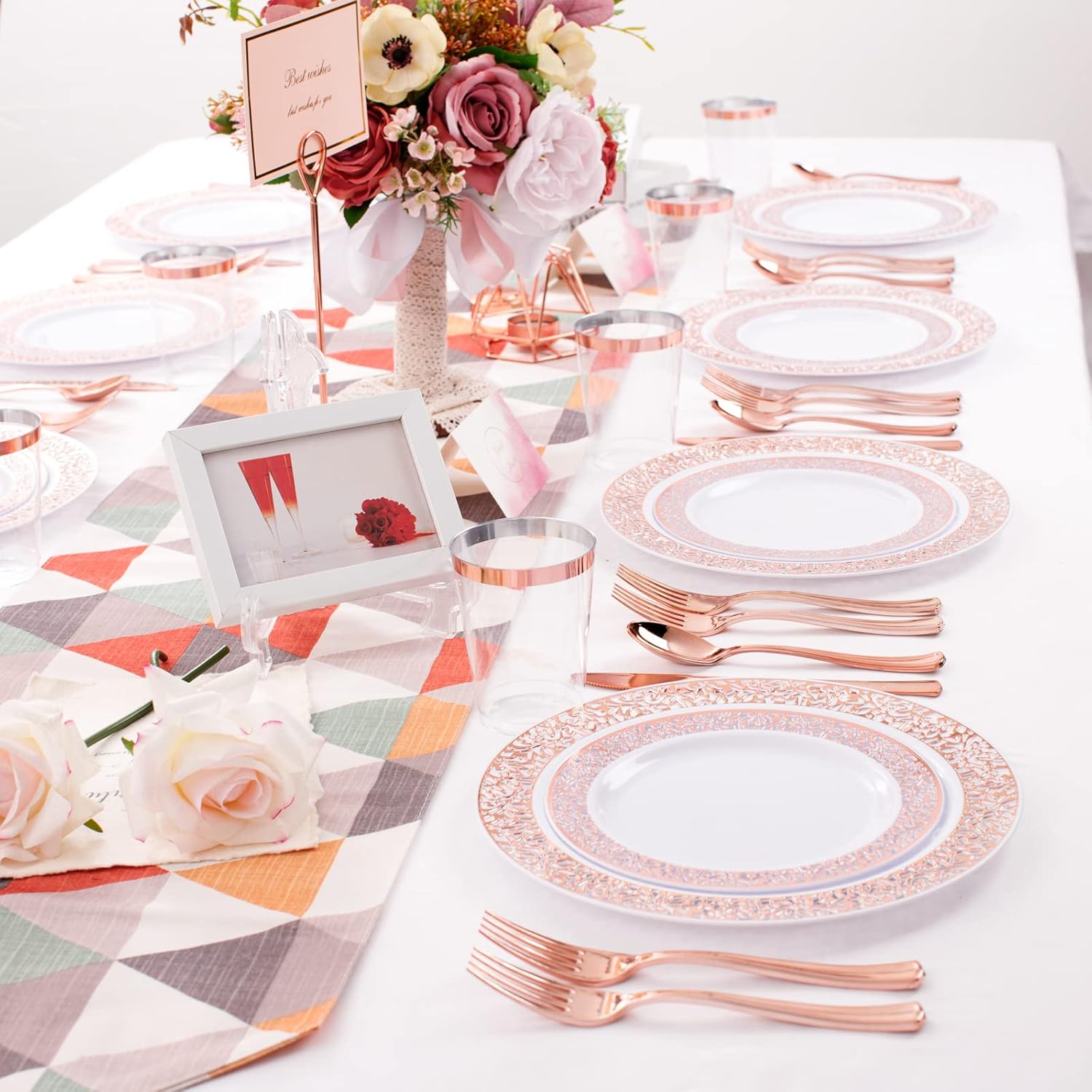 WELLIFE 175 Pieces Rose Gold Plastic Dinnerware,Rose Gold Dinnerware Set Include: 25 Dinner Plates 10.25", 25 Salad Plates 7.5", 25 Cups, 50 Forks, 25 Knives and 25 Spoons for Party - Image 6