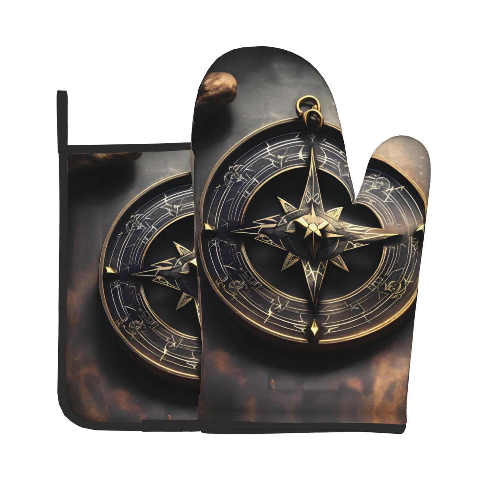 Oven Mitts and Potholders Set of 2 for Kitchen Baking Cooking GrayMagical Design Norse Runes Compass Thick and Durable