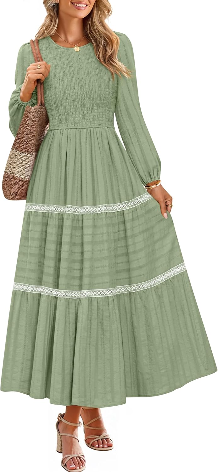 ZESICA Women's Spring Long Sleeve Maxi Dresses 2026 Casual Crewneck Smocked A Line Tiered Flowy Wedding Guest Long Dress