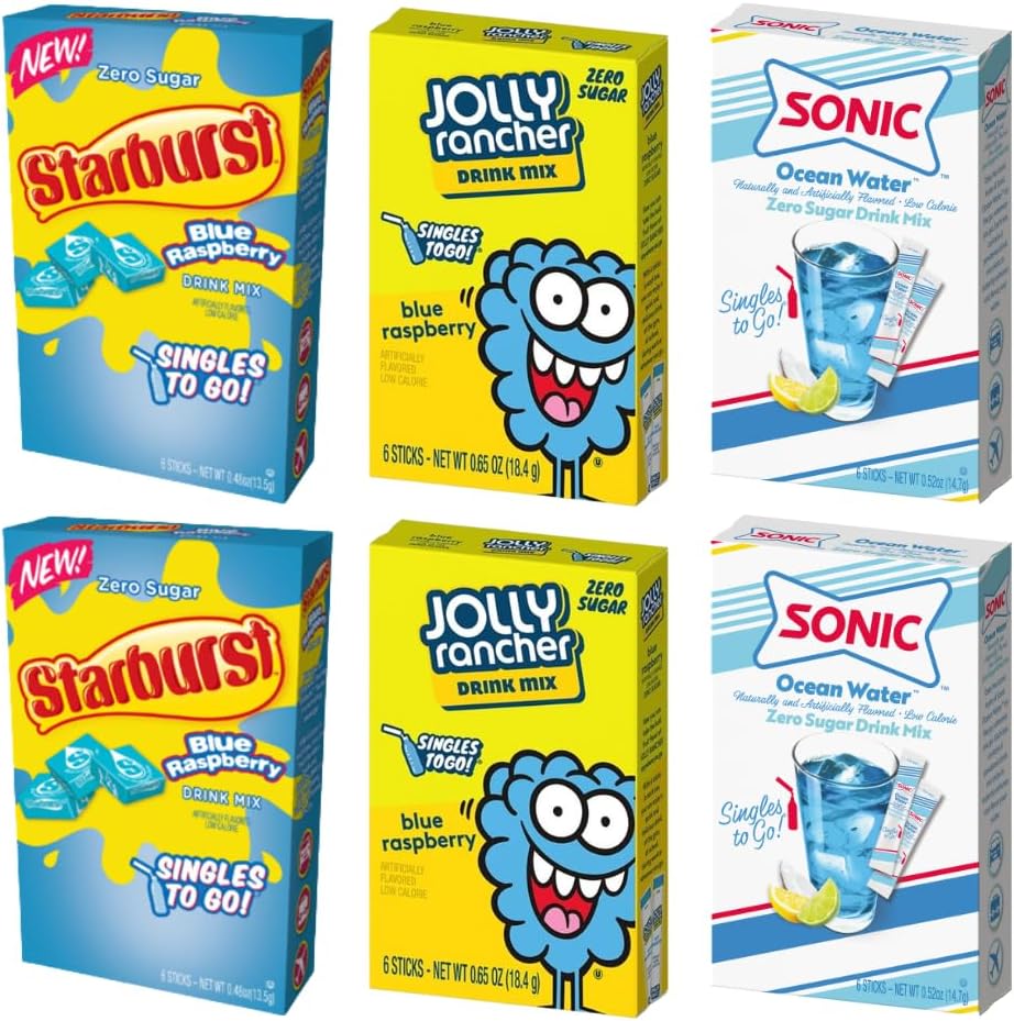 SINGLES TO GO! Blue Raspberry Variety Pack (Starburst, & Jolly Rancher) (2 of each) Variety Pack