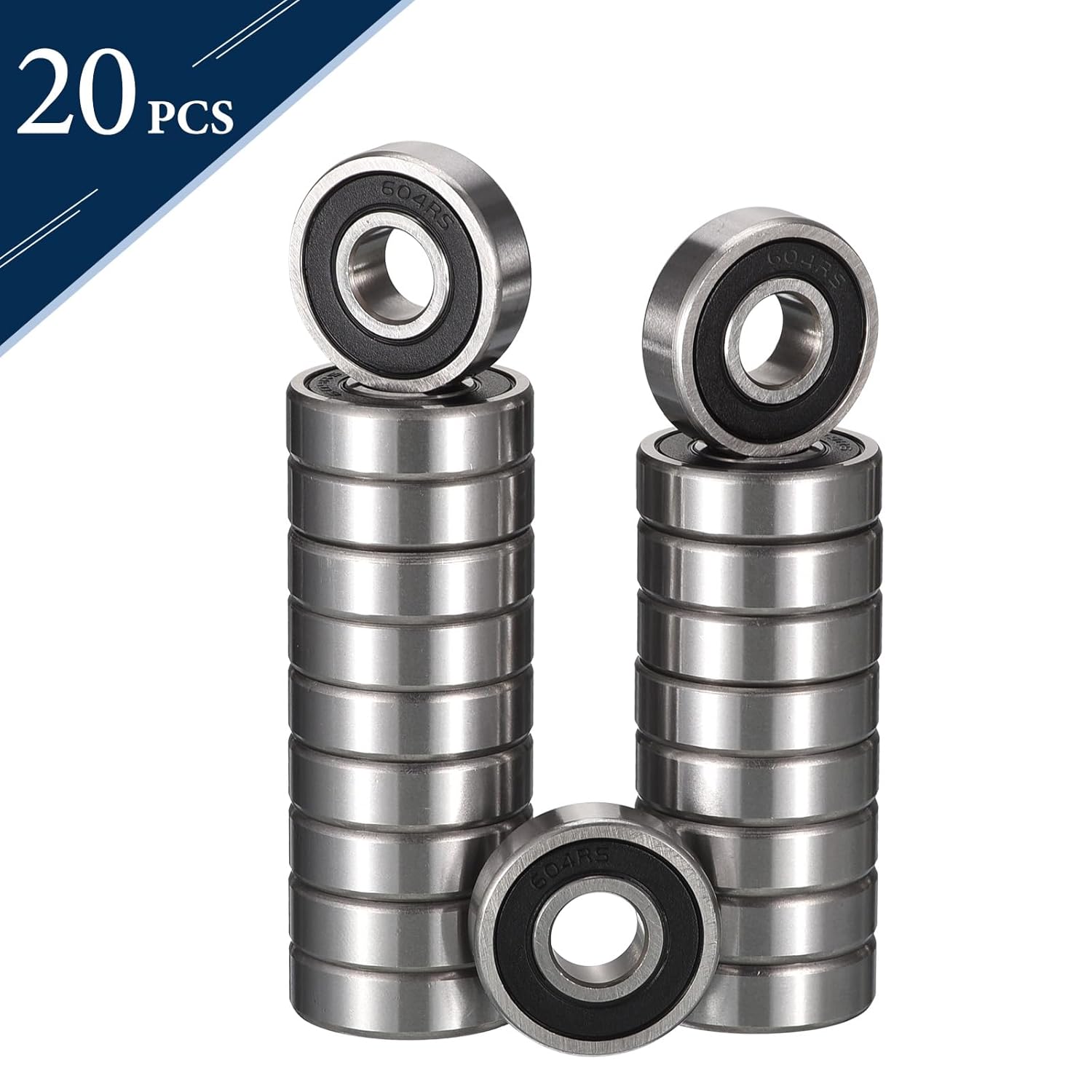 604-2RS Deep Groove Ball Bearings, ID 4mm x OD 12mm x Width 4mm Miniature Bearings, Double Rubber Sealed Ball Bearing Pre-Lubricated Chrome Steel Z2 Lever 20pcs
