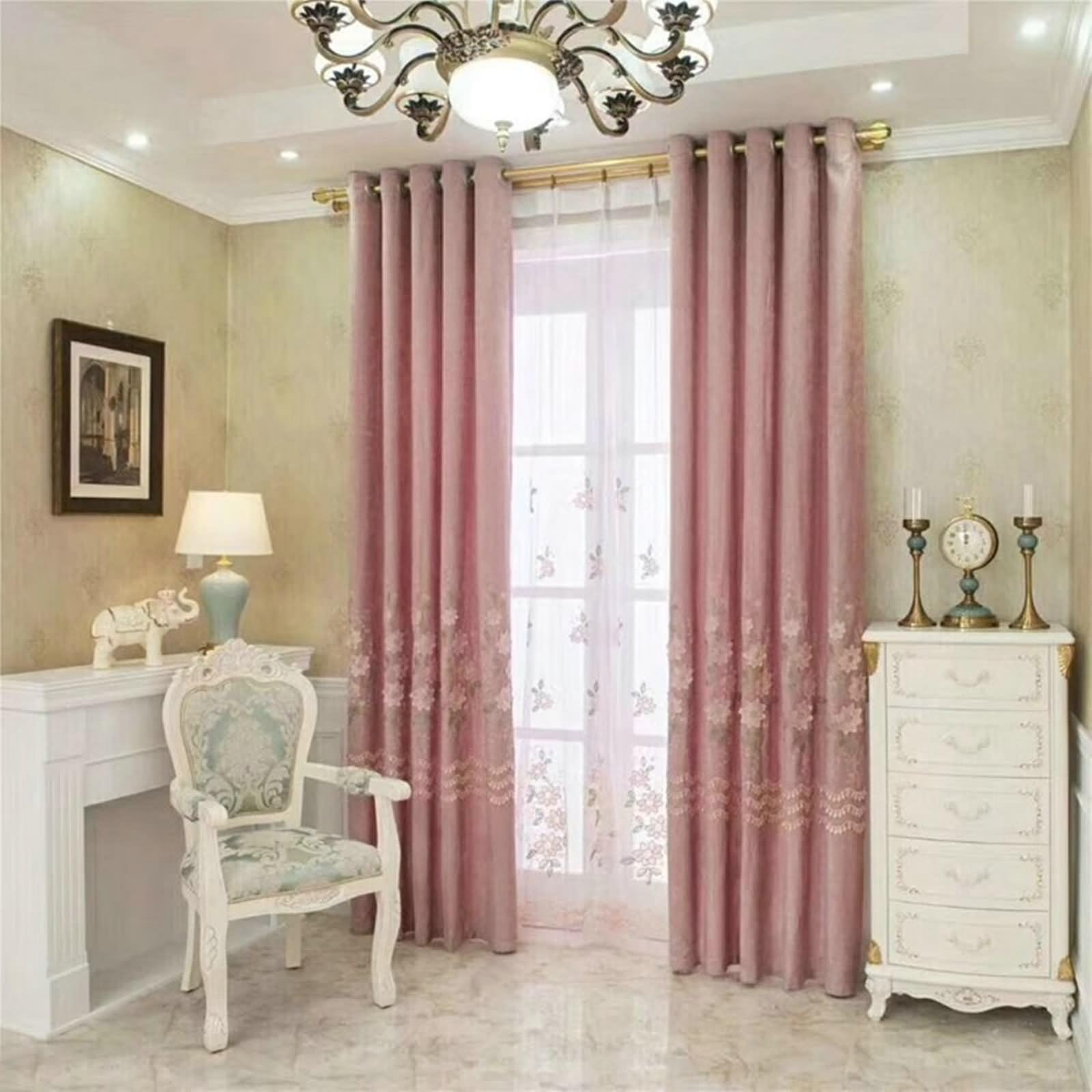 Rideau Exterieur Terrasse, Rideau Occultant Chambre Rose Fleurs et Feuilles Brodées Chenille Lot de 2 86W x 115L cm