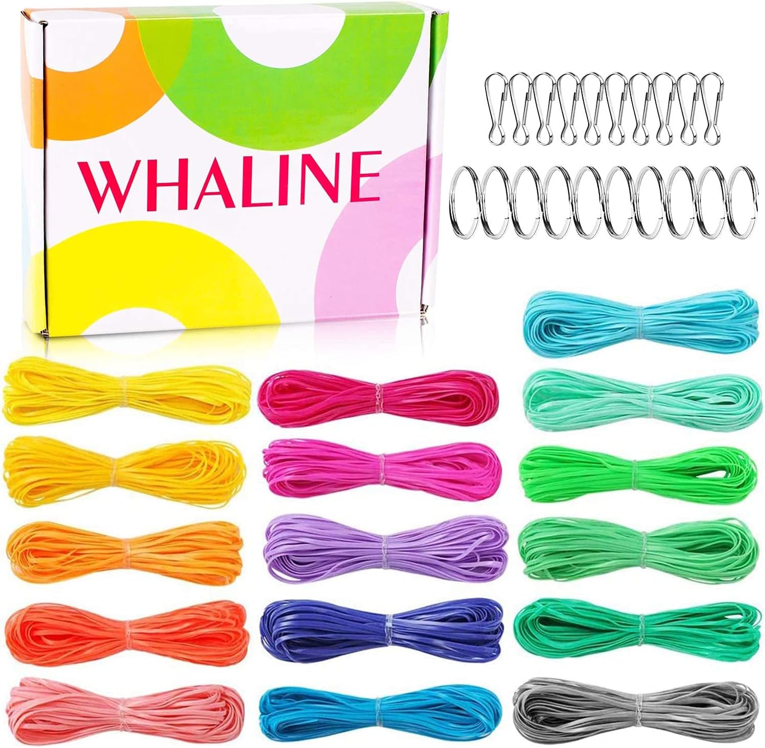 Whaline 525 Feet Gimp Bracelet Scoubidou String DIY Craft Plastic Lacing Cord for Christmas Decor, Jewelry Making with Snap Clip Hooks Keychain Ring Clips, 16 Colors